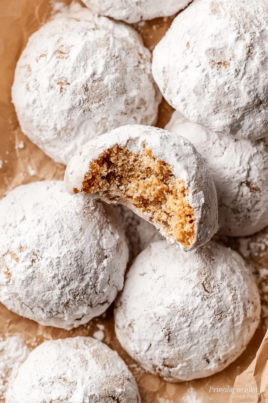 A group of round cookies, all covered in thick white powdered sugar. One cookie in the center has a bite taken out, showing a soft, crumbly, light brown inside. The cookies rest on crumpled light tan paper, all placed on a white marbled surface. The powdered sugar dusts the paper and cookies unevenly, giving a rustic look. Photo taken with an iphone --ar 2:3 --v 7 - Pfeffernüsse Holiday Spiced Cookies, holiday cookies with warm spices, German spiced cookie recipe, peppermint gingerbread cookies, festive holiday treat