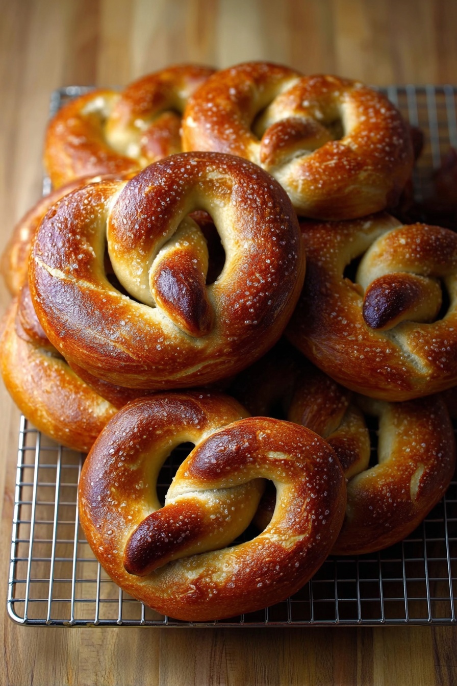 Eight shiny golden brown pretzels with a smooth, slightly bumpy texture are stacked tightly on a silver cooling rack, showing their classic twisted shape with plump loops and twisted ends. The pretzels have a rich, warm color gradient from light golden to darker brown on top. The rack is set on a light wood surface, adding a soft natural touch to the scene. photo taken with an iphone --ar 2:3 --v 7 - Homemade Soft Pretzels, soft pretzels recipe, easy pretzels, bakery-style pretzels, homemade pretzels