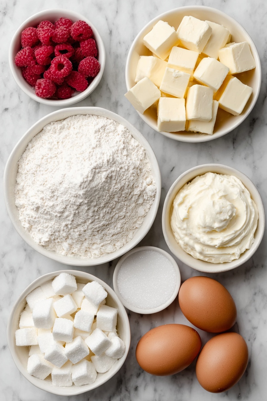 Flat lay of a small mound of all-purpose flour in a simple white ceramic bowl, a small white bowl of granulated sugar, a small white bowl of confectioners' sugar, a few fresh whole raspberries scattered naturally, two large whole brown eggs with clean shells, a small white bowl filled with cold butter cubes, a small white bowl of heavy whipping cream, and a small white bowl with vanilla extract liquid, all ingredients fresh and natural, arranged in perfect symmetry with realistic proportions, placed on a clean white marble surface, soft natural light, photo taken with an iPhone, professional food photography style, fresh ingredients, white ceramic bowls, no bottles, no duplicates, no utensils, no packaging --ar 2:3 --v 7 --p m7354615311229779997 - Easy Raspberry Kuchen, raspberry kuchen, raspberry dessert, homemade raspberry cake, easy berry tart