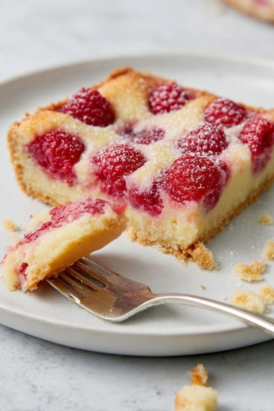 A square slice of raspberry tart is on a white plate, its top layer golden and studded with whole raspberries, showing a soft yellow filling beneath. The crust is light brown and crumbly at the bottom, slightly thick and firm. There is a silver fork resting on the plate, holding a bite-sized piece of the tart that reveals the same layers: golden top, red raspberries, creamy filling, and crust. Crumbs are scattered around the plate, all set on a white marbled surface. Photo taken with an iphone --ar 2:3 --v 7 - Easy Raspberry Kuchen, raspberry kuchen, raspberry dessert, homemade raspberry cake, easy berry tart