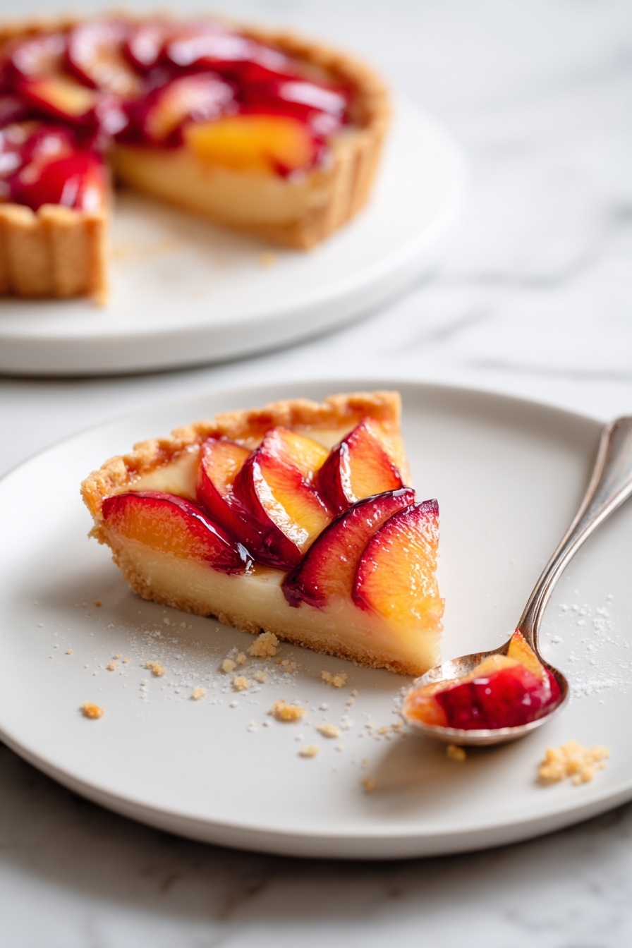 A single slice of fruit tart sits on a white plate with a smooth texture. The tart has two layers: the bottom crust is golden brown, crumbly, and slightly thick, holding a light filling above it. On top, there is a neat layer of thinly sliced red and orange fruit with a shiny, caramelized surface. The slice is partly eaten, with crumbs scattered on the plate, and a silver spoon lies nearby with a small piece of tart on it. In the background, there is the edge of the whole tart on another white plate, and the surface underneath is a white marbled texture. Photo taken with an iphone --ar 2:3 --v 7 - German Plum Tart, German Plum Tart Recipe, Traditional German Plum Tart, Easy Plum Tart, Summer Fruit Tart
