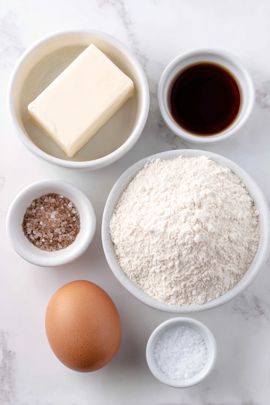Flat lay of a small stick of unsalted butter with clean straight edges, a small white ceramic bowl filled with granulated sugar crystals, a single whole brown egg with a smooth shell, a tiny white ceramic bowl holding clear almond extract liquid, a small white ceramic bowl containing sifted all-purpose flour, and a tiny pinch of coarse salt scattered neatly next to the flour bowl, all arranged symmetrically with perfect spacing, placed on a clean white marble surface, soft natural light, photo taken with an iPhone, professional food photography style, fresh ingredients, white ceramic bowls, no bottles, no duplicates, no utensils, no packaging --ar 2:3 --v 7 --p m7354615311229779997 - Almond Spritz Cookies, Almond Spritz Cookies recipe, easy spritz cookies, buttery almond cookies, holiday spritz cookies