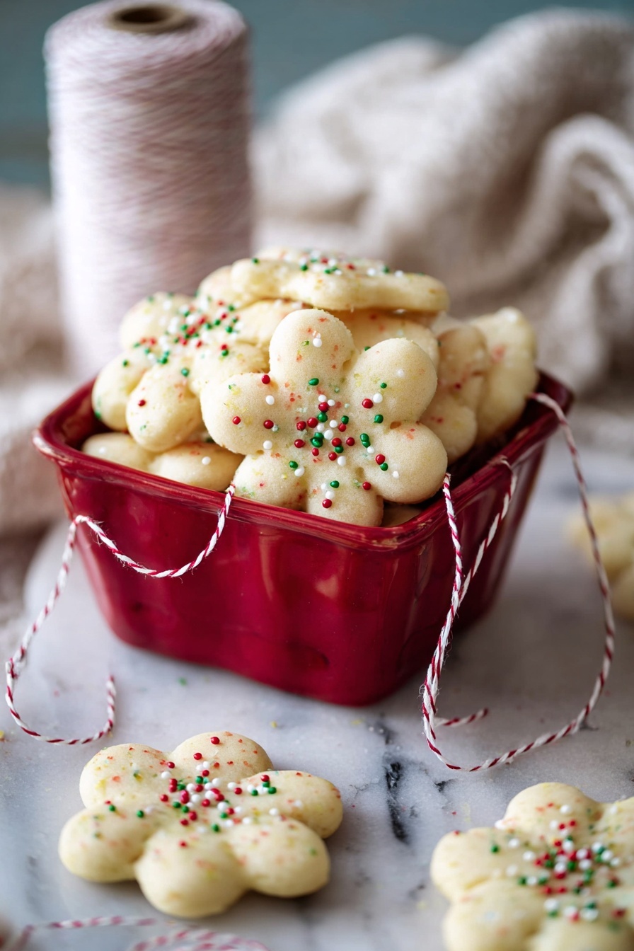 A white marbled surface holds a red square bowl filled with round, flower-shaped sugar cookies that are pale yellow with small red, green, and white round sprinkles scattered over them. Several cookies rest outside the bowl on the white marbled surface, with one cookie in the front tied with a thin white and gold string that trails back into the bowl. In the background, a blurry white spool of string and a soft white cloth add texture to the scene. The image shows a cozy and inviting holiday feel. photo taken with an iphone --ar 2:3 --v 7 - Almond Spritz Cookies, Almond Spritz Cookies recipe, easy spritz cookies, buttery almond cookies, holiday spritz cookies