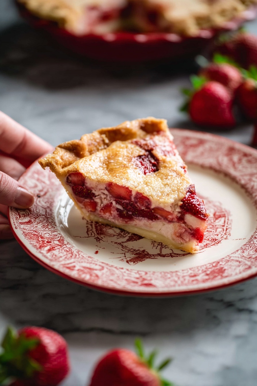 A single slice of pie is placed on a white plate with a red decorative pattern around the edges. The slice has three visible layers: the bottom is a light golden crust, the middle is filled with red strawberry pieces mixed with a creamy, slightly pink filling, and the top layer is a golden-brown crust with a lightly baked texture. Around the plate, there are whole fresh strawberries, and in the background, a woman's hand is holding part of the whole pie. The surface under the plate is white marble. Photo taken with an iphone --ar 2:3 --v 7 - Strawberry Kuchen with Creamy Custard, Strawberry kuchen, fruit dessert recipes, easy strawberry custard tart, summer berry desserts