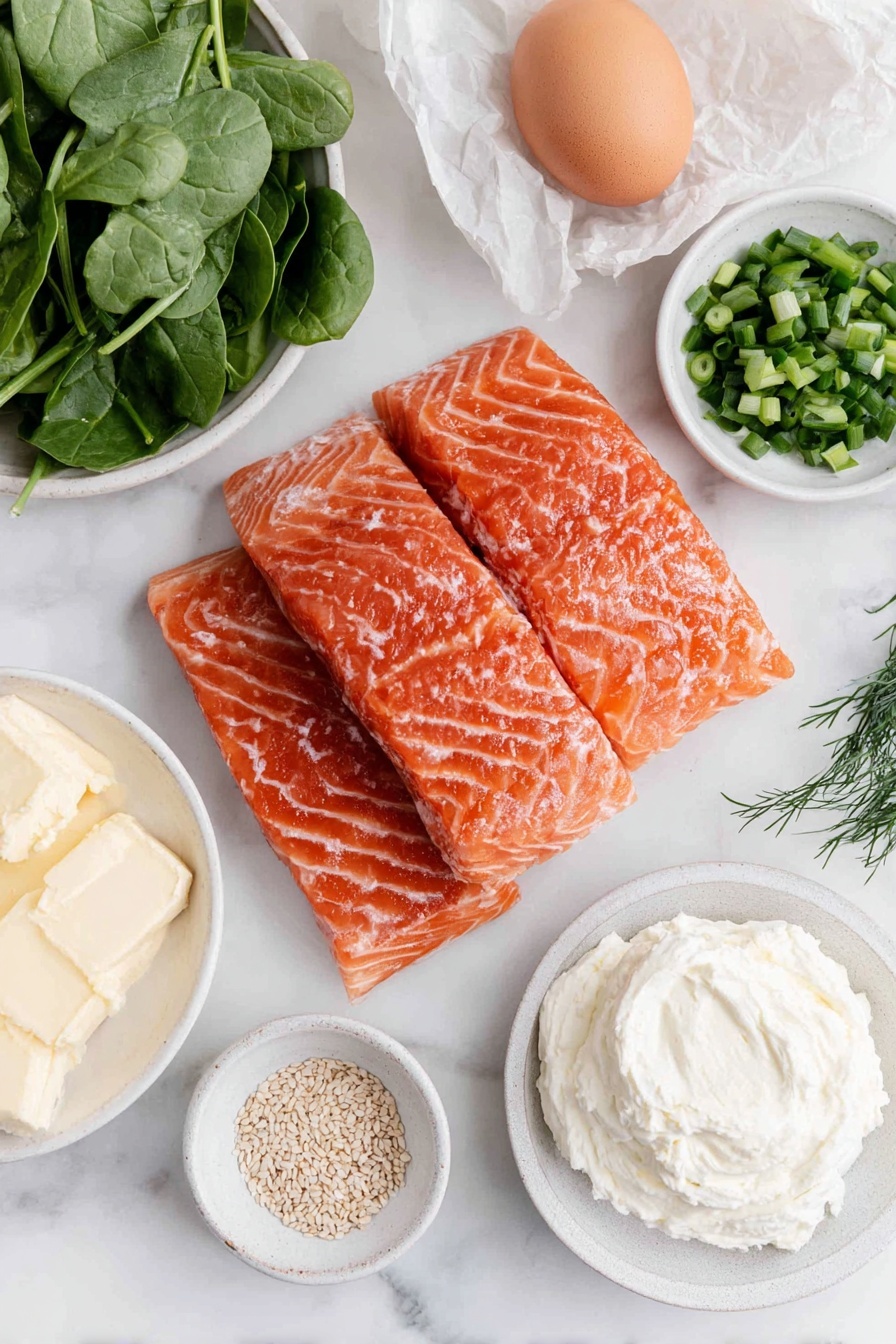 Flat lay of fresh raw salmon fillets with rich orange-pink flesh, a small pile of vibrant baby spinach leaves, a generous dollop of smooth cream cheese on a simple white ceramic plate, a single whole brown egg with a clean shell, a few bright green spring onions diced neatly in a small white ceramic bowl, finely chopped fresh dill sprigs arranged delicately on a white ceramic dish, a small white bowl holding creamy horseradish sauce, another small white bowl containing pale yellow garlic and herb butter, a small mound of light golden ready-rolled puff pastry sheets folded gently, a few sesame seeds scattered artistically on a white ceramic plate, and a small white bowl with fresh lemon juice, all placed on a clean white marble surface, soft natural light, photo taken with an iPhone, professional food photography style, fresh ingredients, white ceramic bowls, no bottles, no duplicates, no utensils, no packaging --ar 2:3 --v 7 --p m7354615311229779997 - Salmon Wellington with Cream Cheese Filling, Salmon Wellington, Cream Cheese Salmon Wellington, Elegant Salmon Dinner, Savory Salmon Pastry