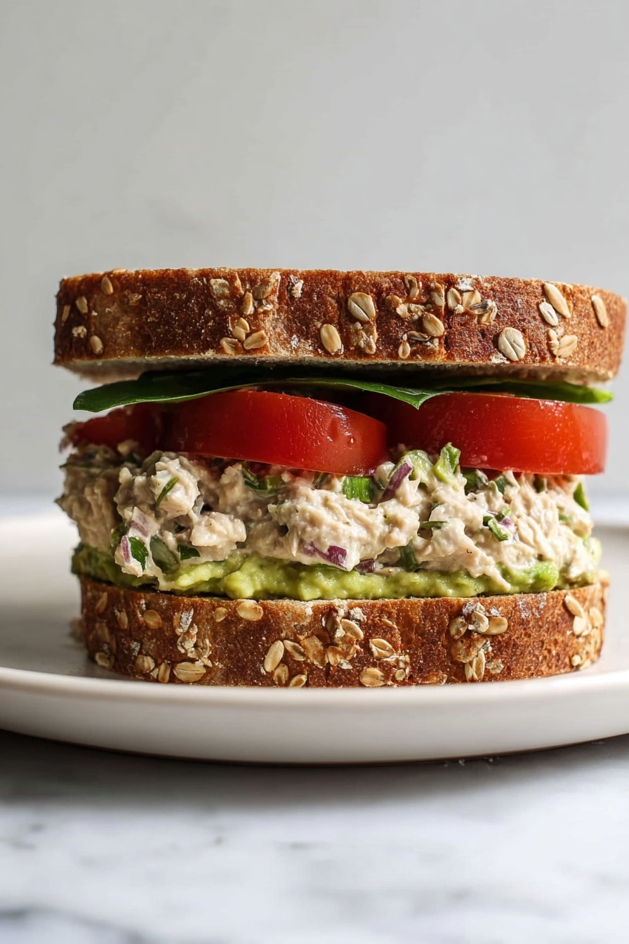 A white bowl filled with a creamy tuna salad mixed with green celery pieces and small bits of red onion, showing a chunky texture with soft creamy layers. A golden spoon is resting inside the bowl on the right side. Around the bowl, there are square crackers with a speckled texture placed on a wooden board. The background surface is white marble. photo taken with an iphone --ar 2:3 --v 7 - Tunacado Sandwich with Tuna and Avocado, healthy tuna sandwich, avocado tuna salad, quick lunch ideas, nutritious sandwich recipes