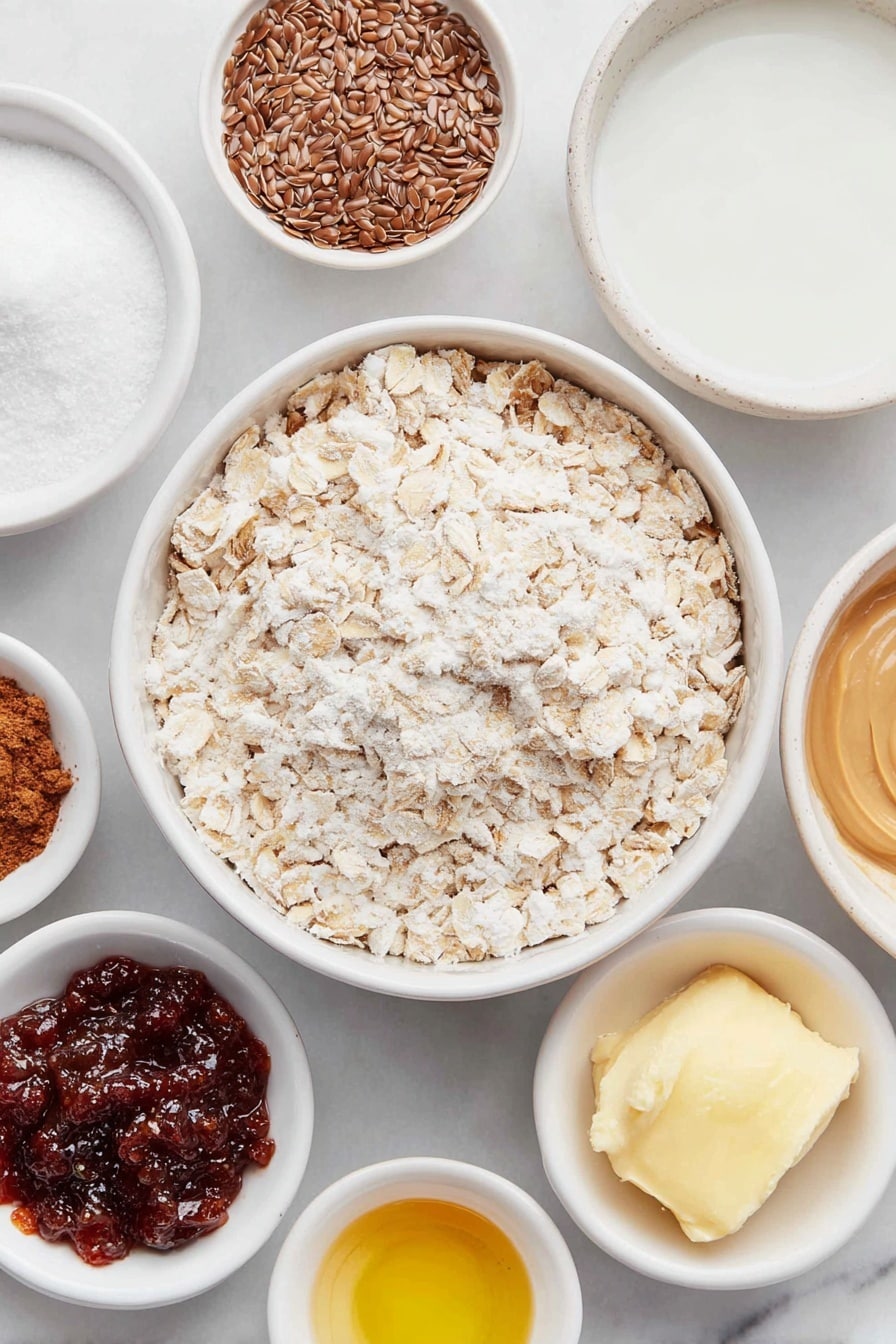 Flat lay of a small white ceramic bowl of ground flax seeds, a small white ceramic bowl of water, a large white ceramic bowl filled with gluten free rolled oats, a small white ceramic bowl of baking powder, a small white ceramic bowl of cinnamon powder, a medium white ceramic bowl of non-dairy milk, a small white ceramic bowl of apple sauce, a small white ceramic bowl with a dollop of creamy peanut butter, a small white ceramic bowl of vanilla extract, a small white ceramic bowl of golden maple syrup, a small white ceramic bowl of salt, a small white ceramic bowl of dark red chia jam, whole uncracked brown flax seeds, placed on a clean white marble surface, soft natural light, photo taken with an iPhone, professional food photography style, fresh ingredients, white ceramic bowls, no bottles, no duplicates, no utensils, no packaging --ar 2:3 --v 7 --p m7354615311229779997 - Vegan Baked Peanut Butter Oatmeal, healthy vegan breakfast, peanut butter oatmeal bake, plant-based breakfast ideas, energizing morning oats