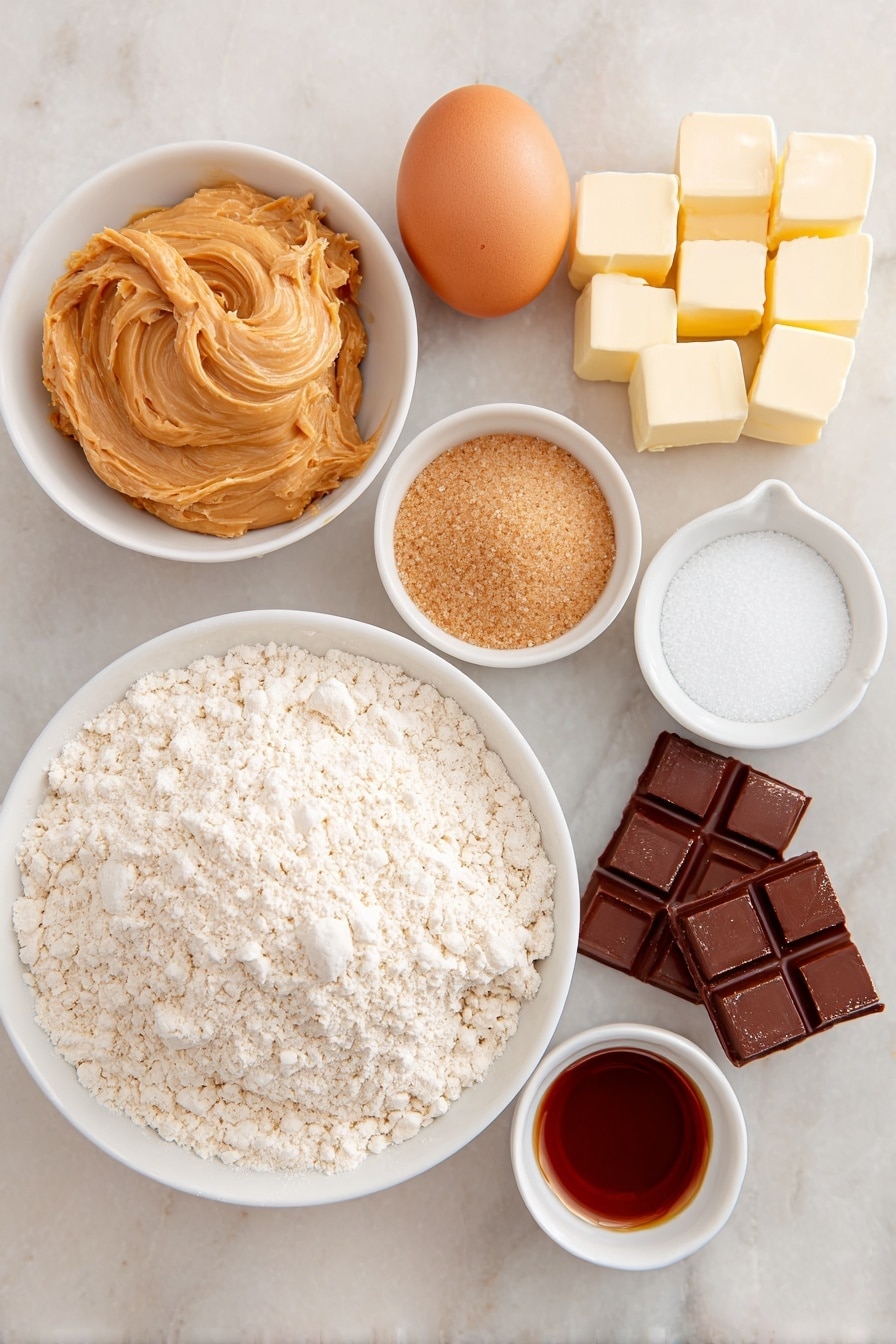 Flat lay of a small mound of creamy peanut butter, a few cubes of unsalted butter at room temperature, a neat pile of light brown sugar, a small heap of granulated sugar, a small bowl of all-purpose flour mixed with visible kosher salt, baking soda, and baking powder, one large whole egg with a clean shell, a few mini unwrapped peanut butter cups arranged neatly, and a small white ceramic bowl of vanilla extract placed on a clean white marble surface, soft natural light, photo taken with an iPhone, professional food photography style, fresh ingredients, white ceramic bowls, no bottles, no duplicates, no utensils, no packaging --ar 2:3 --v 7 --p m7354615311229779997 - Peanut Butter Cup Cookies, peanut butter cookie recipe, chewy peanut butter cookies, easy peanut butter cookies, chocolate peanut butter cookies