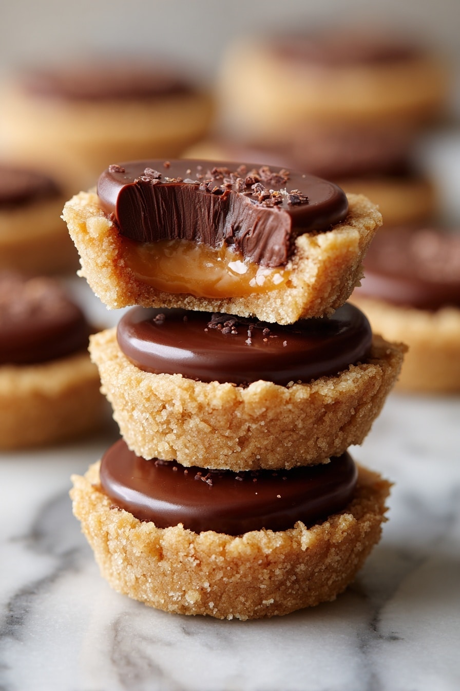 A stack of three small round peanut butter cups with crumbly light brown cookie bases and smooth, shiny milk chocolate centers, the top cup broken in half showing a creamy chocolate filling, all placed on a white marbled surface with blurred similar cups in the background. photo taken with an iphone --ar 2:3 --v 7 - Peanut Butter Cup Cookies, peanut butter cookie recipe, chewy peanut butter cookies, easy peanut butter cookies, chocolate peanut butter cookies