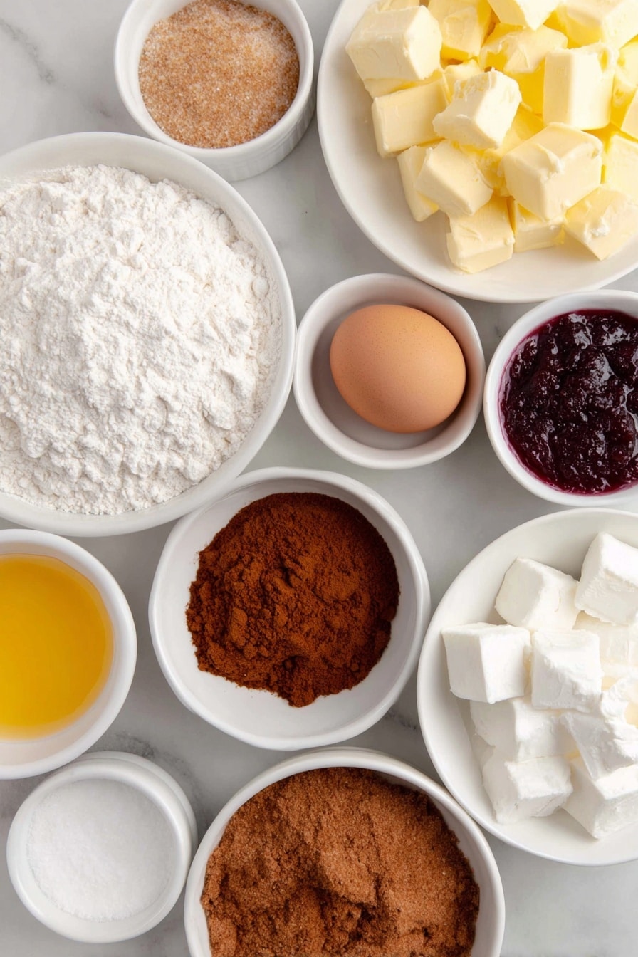 Flat lay of a small mound of gluten free plain flour, a sprinkling of xanthan gum and bicarbonate of soda in separate small white ceramic bowls, a heap of ground ginger and ground cinnamon side by side in white bowls, cold chopped butter cubes arranged neatly on a white ceramic plate, a small white bowl filled with light brown sugar, a small white bowl containing golden syrup, one whole uncracked brown egg, a small white bowl of royal icing sugar, a small white bowl with cold water, and several small white bowls each holding different vibrant color gels, all placed on a clean white marble surface, soft natural light, photo taken with an iPhone, professional food photography style, fresh ingredients, white ceramic bowls, no bottles, no duplicates, no utensils, no packaging --ar 2:3 --v 7 --p m7354615311229779997 - Gluten Free Gingerbread Men, gluten free holiday cookies, allergy-friendly gingerbread cookies, dairy-free gingerbread men, low FODMAP gingerbread recipes