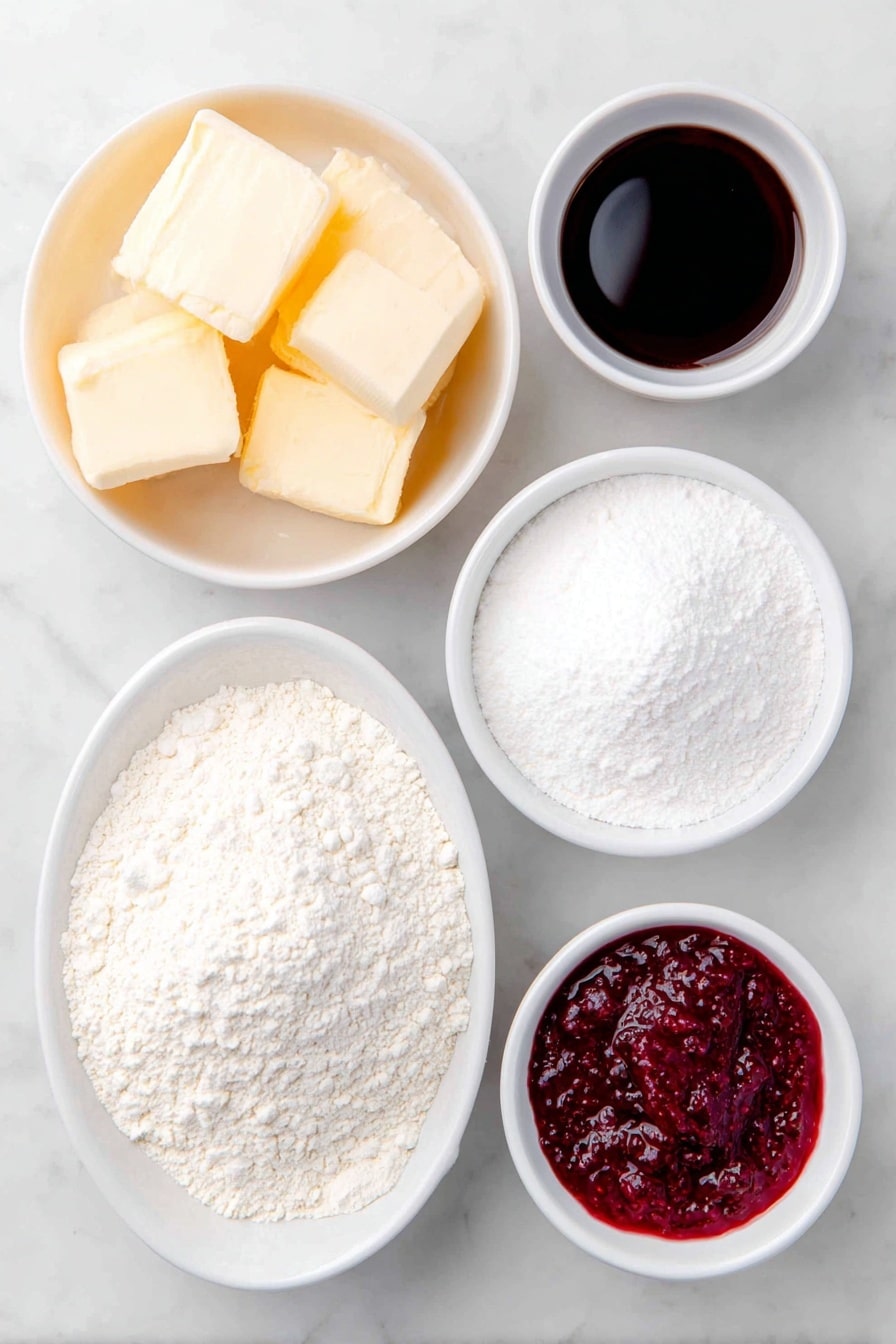 Flat lay of a few large chunks of pale yellow softened butter, a small white ceramic bowl filled with fine white icing sugar, a small white ceramic bowl holding a mound of plain white flour, a small white ceramic bowl containing fine white corn flour (corn starch), a small white ceramic bowl with smooth vanilla extract liquid, and a small white ceramic bowl filled with vibrant red seedless raspberry jam, all arranged symmetrically and naturally on a clean white marble surface, soft natural light, photo taken with an iPhone, professional food photography style, fresh ingredients, white ceramic bowls, no bottles, no duplicates, no utensils, no packaging --ar 2:3 --v 7 --p m7354615311229779997 - Delicious Viennese Whirls with Jam Filling, Viennese Whirls recipe, buttery biscuit recipe, jam-filled cookies, classic teatime biscuits