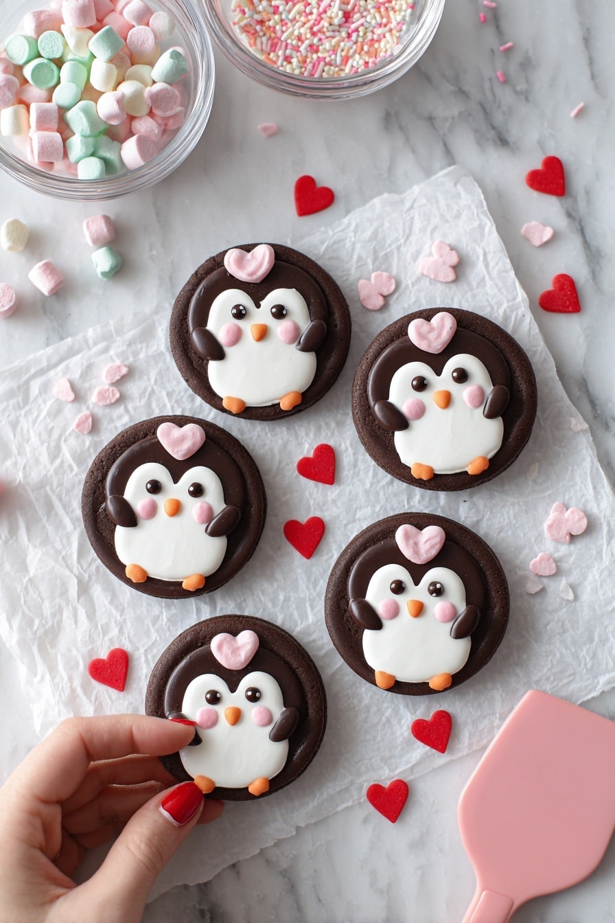 A round, dark brown chocolate cookie base is held by a woman's hand with red nail polish, with a second identical cookie showing a cute penguin design in the background. The penguin features three layers: the first is a smooth white area shaped like the penguin’s body, sparkling with sugar crystals. The second layer includes dark brown wings placed on each side of the body. The third layer has small details: two black circular eyes, a pink heart-shaped blush on each cheek, a pale orange beak near the center, and two matching pale orange feet at the bottom. The whole scene is set on a soft white marbled surface with some blurred cookies and a pink cup with a red heart in the background. Photo taken with an iphone --ar 2:3 --v 7 - Penguin Cookie, adorable cookie idea, festive holiday cookies, cute cookie recipes, chewy buttercream cookies