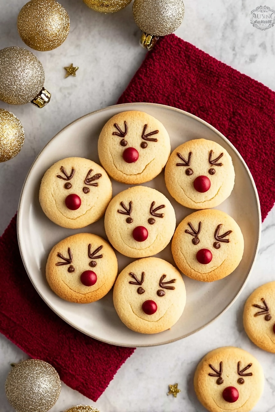 A white plate holds seven round, light golden brown cookies decorated to look like reindeer faces. Each cookie has a red candy nose placed in the center near the bottom, and simple brown lines drawn above the nose to resemble antlers. The plate is placed on a red cloth, with part of the cloth resting on a white marbled surface. Around the plate, there are gold and sparkly gold Christmas ornaments scattered, along with two additional reindeer cookies on the surface. Photo taken with an iphone --ar 2:3 --v 7 - Reindeer Cookies with Jam and Chocolate, holiday cookie recipes, Christmas festive cookies, cute reindeer dessert ideas, easy holiday treats