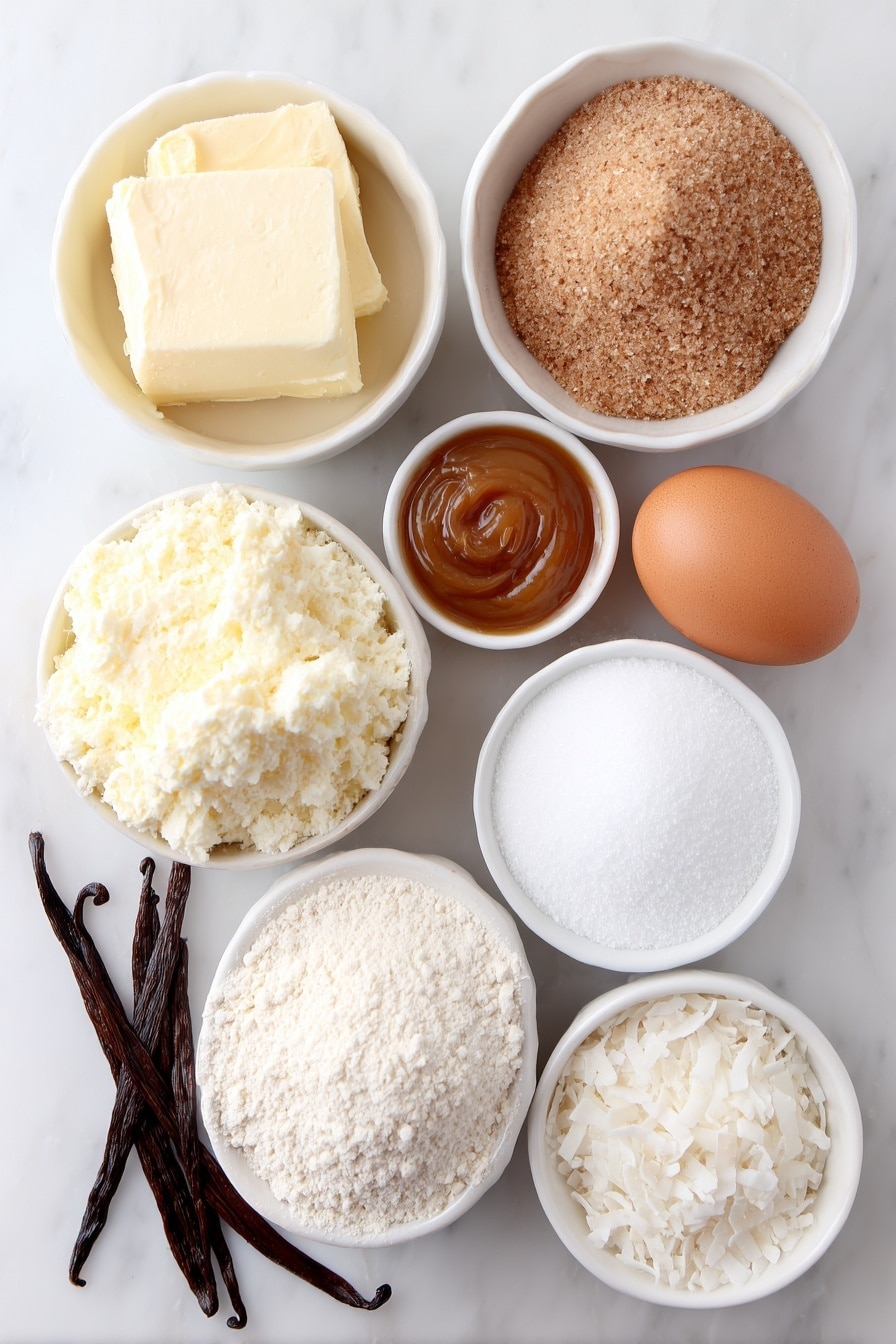 Flat lay of a small mound of soft unsalted butter, a small white ceramic bowl filled with fine powdered sugar, a small white bowl containing light brown sugar firmly packed, a small white bowl with pale cornstarch powder, a small white bowl holding golden dulce de leche caramel, a small white bowl of fine all-purpose flour, a small white bowl with a few fresh vanilla pods, a single uncracked brown egg with a smooth shell, a small white bowl of desiccated coconut flakes, and a small white bowl of fine white salt crystals, arranged symmetrically on a clean white marble surface, soft natural light, photo taken with an iPhone, professional food photography style, fresh ingredients, white ceramic bowls, no bottles, no duplicates, no utensils, no packaging --ar 2:3 --v 7 --p m7354615311229779997 - Alfajores with Dulce de Leche, Argentine cookie recipes, caramel sandwich cookies, homemade alfajores, Dulce de Leche sweet treats
