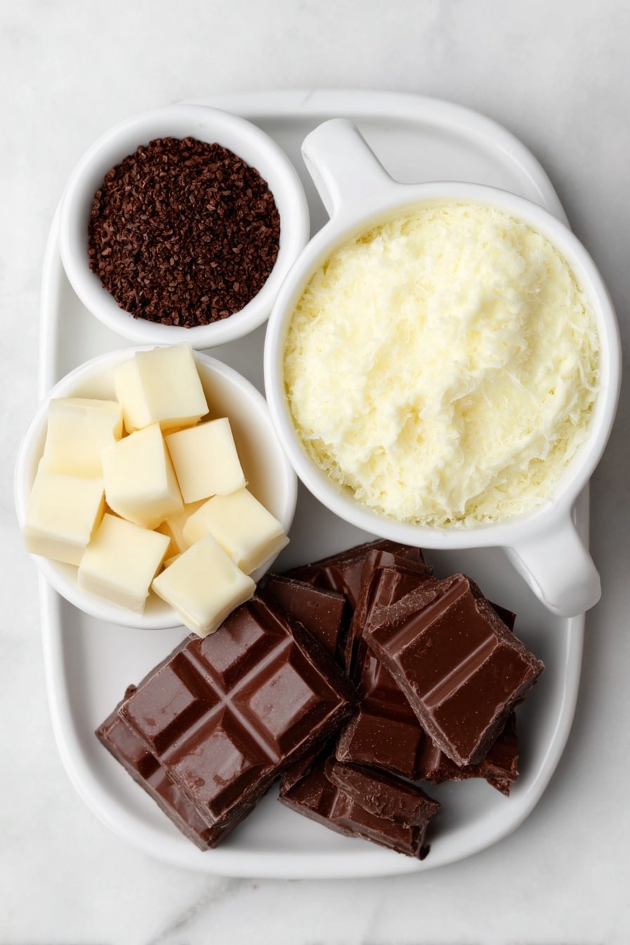 Flat lay of a small white ceramic bowl filled with thickened cream, finely chopped pieces of dark cooking chocolate scattered next to a small white ceramic bowl holding fine instant coffee granules, and irregular chunks of milk cooking chocolate arranged neatly on a simple white ceramic plate, placed on a clean white marble surface, soft natural light, photo taken with an iPhone, professional food photography style, fresh ingredients, white ceramic bowls, no bottles, no duplicates, no utensils, no packaging --ar 2:3 --v 7 --p m7354615311229779997 - Coffee Chocolate Truffles, chocolate truffles with coffee, easy coffee truffle recipe, homemade coffee chocolates, decadent coffee dessert