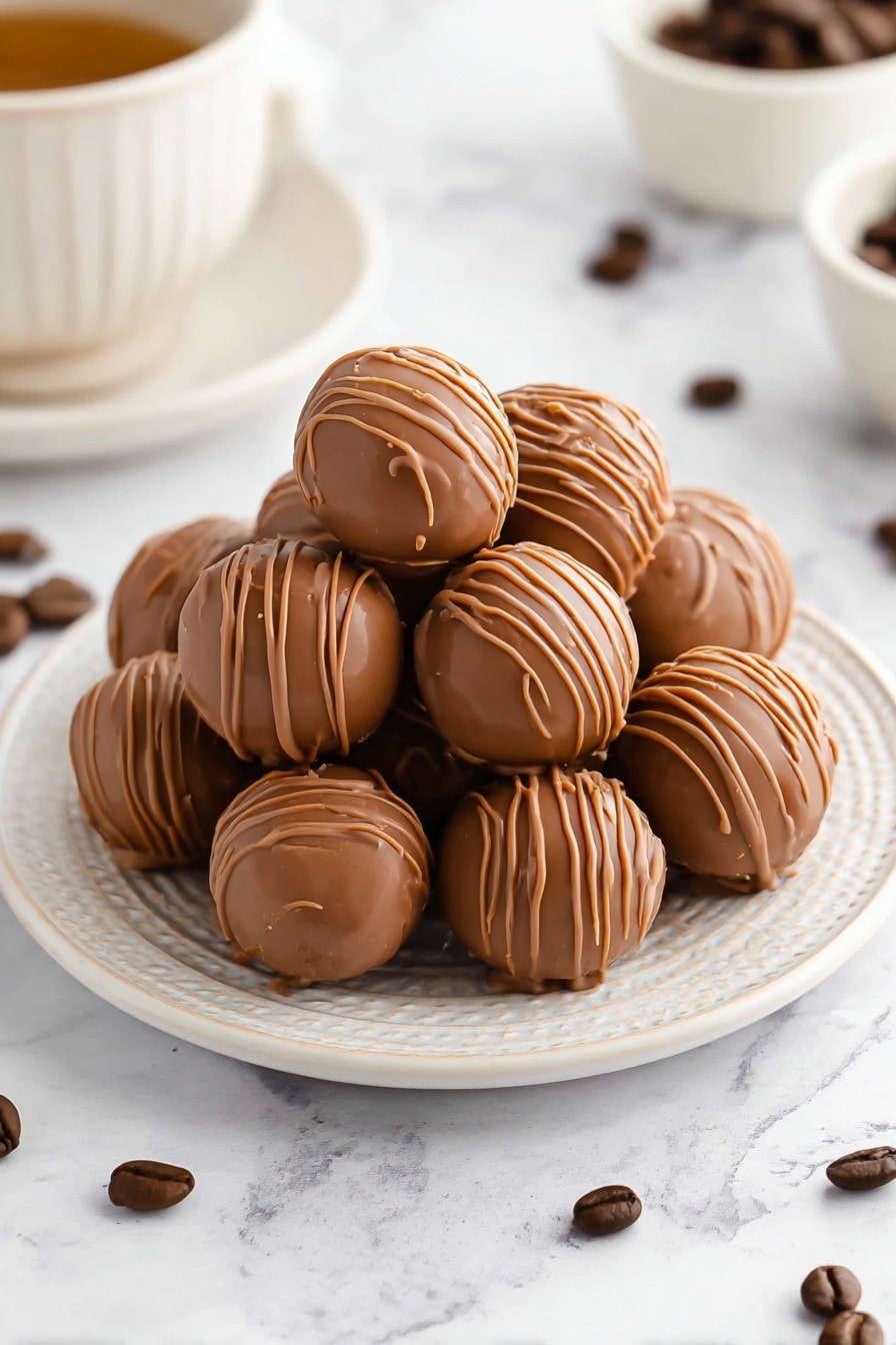 A white round plate with a textured rim holds a neat pile of shiny, smooth milk chocolate balls. Each chocolate ball is coated with thin, light brown lines drizzled across their surface in a wavy pattern. Scattered around the plate and surface are a few dark brown coffee beans, enhancing the look. The plate is placed on a white marbled surface, creating a soft, clean background that makes the chocolates stand out. The overall image shows a close-up view with a soft focus on the chocolates and a blurred context of small bowls in the background photo taken with an iphone --ar 2:3 --v 7 - Coffee Chocolate Truffles, chocolate truffles with coffee, easy coffee truffle recipe, homemade coffee chocolates, decadent coffee dessert