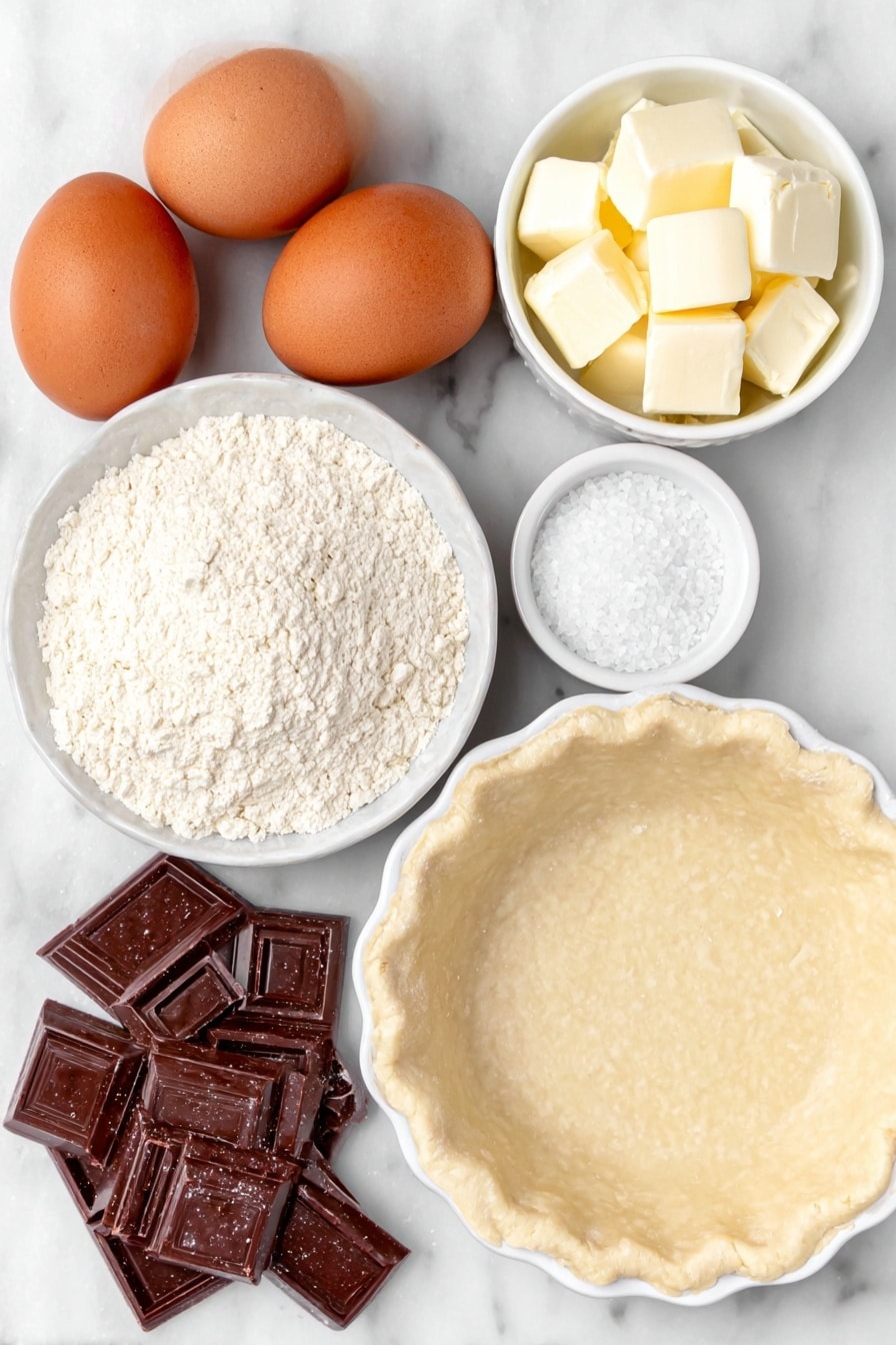 Flat lay of two large brown eggs with clean shells, a small pile of unsweetened dark chocolate squares, a small white ceramic bowl with cubed unsalted butter, a small white ceramic bowl filled with granulated white sugar, a tiny pinch of coarse salt crystals on a white ceramic dish, a small white ceramic bowl holding pale beige all-purpose flour, and a small white ceramic bowl containing clear vanilla extract liquid, all arranged symmetrically with a simple 9-inch unbaked pie crust in a white ceramic pie dish, placed on a clean white marble surface, soft natural light, photo taken with an iPhone, professional food photography style, fresh ingredients, white ceramic bowls, no bottles, no duplicates, no utensils, no packaging --ar 2:3 --v 7 --p m7354615311229779997 - Chocolate Fudge Pie with Rich Brownie Flavor, brownies, chocolate dessert, fudgy pie, easy chocolate pie
