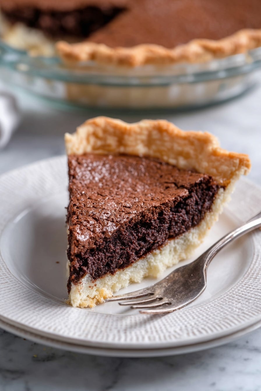 A slice of chocolate pie with two visible layers sits on a white plate with a textured rim. The bottom layer is a pale, flaky crust that looks crisp and light, while the top layer is a rich, dark brown, slightly cracked chocolate filling with a dense but slightly crumbly texture. The pie slice is positioned close to the edge of the plate with a silver fork resting beside it. In the background, part of the pie in a clear glass pie dish is visible on a white marbled surface. Photo taken with an iphone --ar 2:3 --v 7 - Chocolate Fudge Pie with Rich Brownie Flavor, brownies, chocolate dessert, fudgy pie, easy chocolate pie
