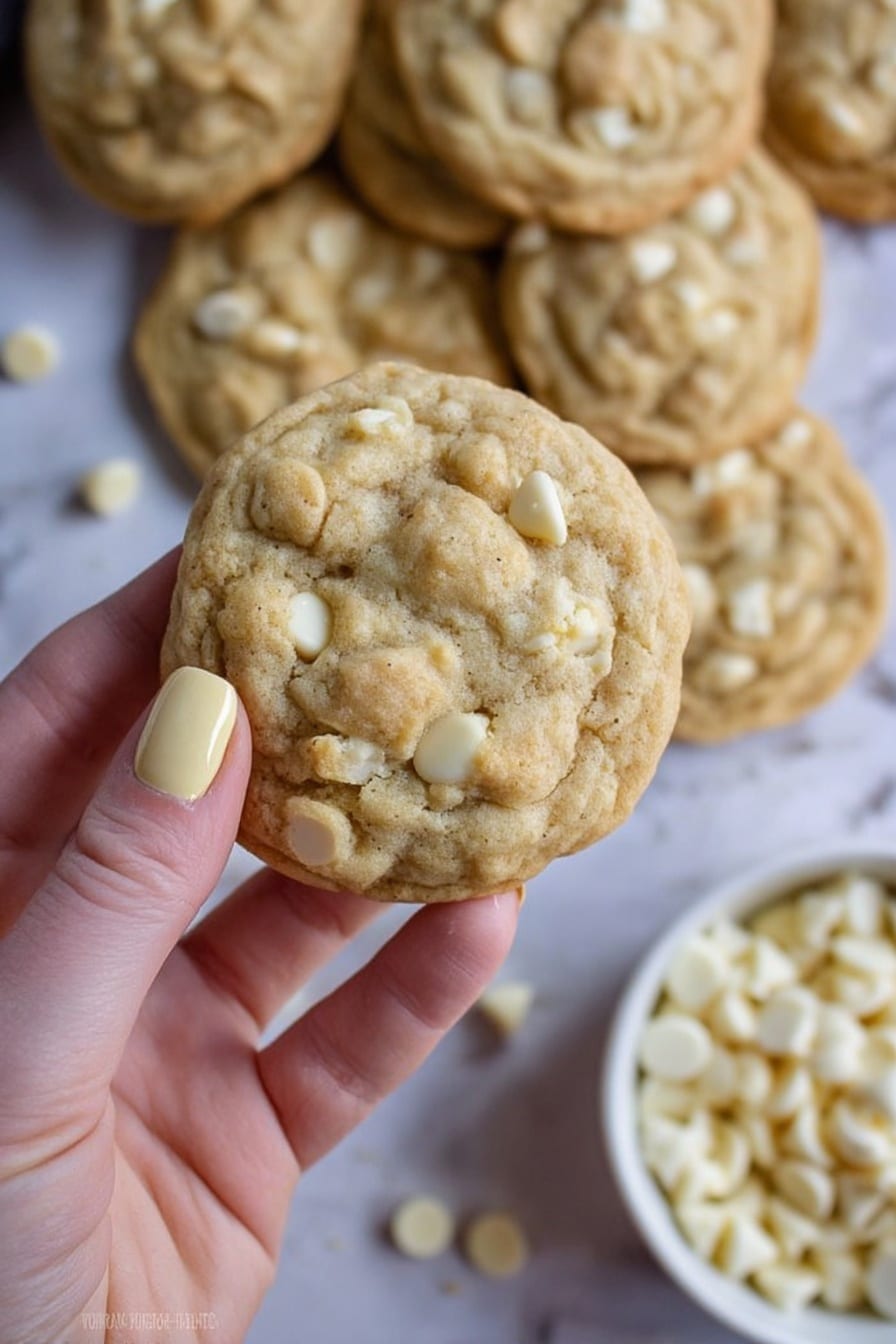 A woman's hand with pale yellow nail polish holds a light brown cookie filled with white chocolate chips, showing a textured and slightly cracked top layer with embedded white chips. Below and behind the cookie are multiple similar cookies arranged loosely on a white marbled surface, with a small white bowl on the right filled with white chocolate chips. Some loose white chocolate chips are scattered around the cookies, adding detail to the scene. The image has a soft-focused background emphasizing the held cookie in the forefront. photo taken with an iphone --ar 2:3 --v 7 - White Chocolate Macadamia Cookies, White Chocolate Macadamia Cookies Recipe, Best White Chocolate Cookies, Chewy Macadamia Cookies, Easy Cookie Recipes