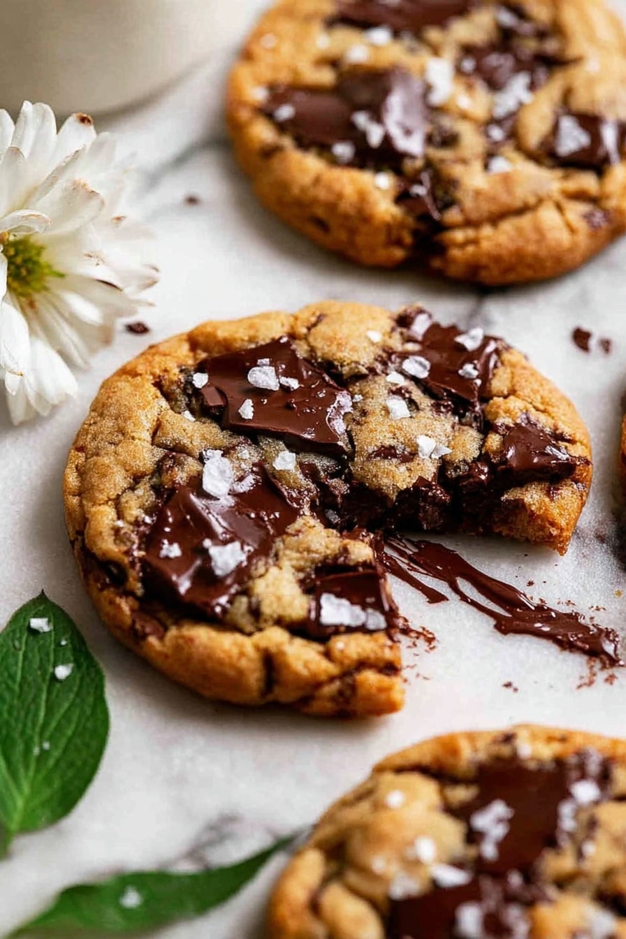 Three warm chocolate chunk cookies are placed on a white marbled surface in a close-up view. The cookies have a golden brown color with large, dark melted chocolate pieces unevenly spread across the top, one cookie is broken in half showing gooey chocolate inside. Small flakes of white salt are scattered on top giving a slight shine. A green leaf and a white flower rest near the cookies adding a natural touch. The focus is sharp on the closest cookie with a soft blur on others in the background, showing texture and detail in the dough and chocolate. photo taken with an iphone --ar 2:3 --v 7 - Brown Butter Oatmeal Chocolate Chip Cookies, oatmeal chocolate chip cookies, brown butter cookies, chewy oatmeal cookies, chocolate chip cookie recipe