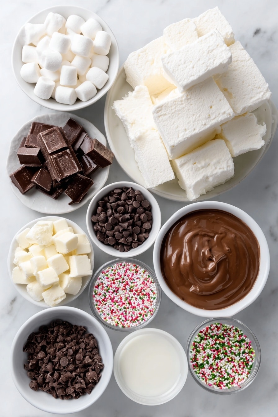 Flat lay of large white marshmallows, smooth milk chocolate candy melts in a small white ceramic bowl, white lollipop sticks neatly aligned, colorful assorted sprinkles in a small white ceramic bowl placed symmetrically around, all ingredients fresh and natural, balanced layout, perfect symmetry, placed on a clean white marble surface, soft natural light, photo taken with an iPhone, professional food photography style, fresh ingredients, white ceramic bowls, no bottles, no duplicates, no utensils, no packaging --ar 2:3 --v 7 --p m7354615311229779997 - Chocolate Marshmallow Pops, Chocolate Marshmallow Bites, Marshmallow Treats, Easy Chocolate Dessert, Party Snack Ideas