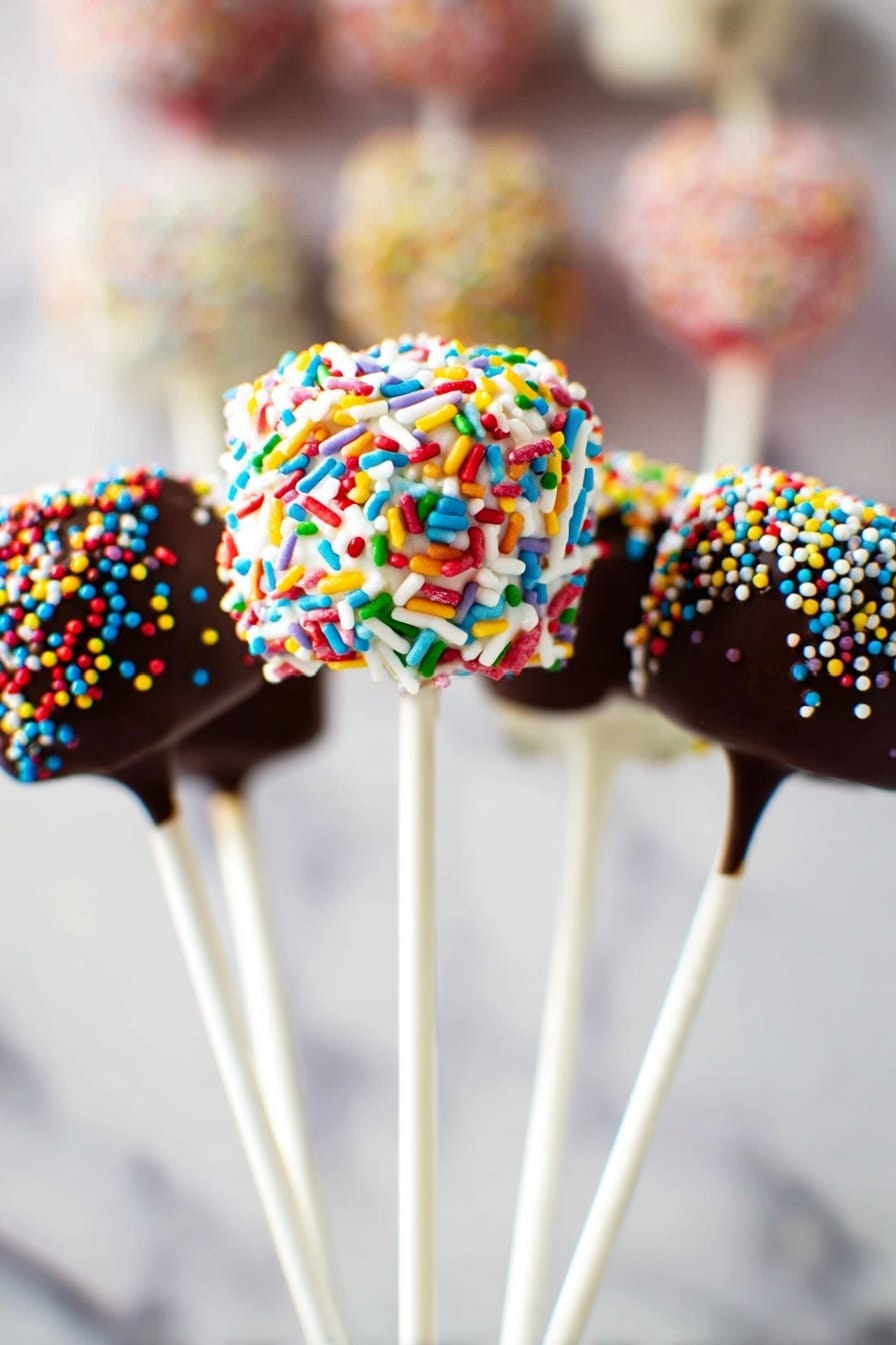 Five small round cake pops are shown on white sticks, three in clear focus and two blurred in the background. The cake pop in the center is coated in white frosting covered with long, colorful sprinkles in red, green, blue, orange, pink, and yellow. The two cake pops on either side are dipped in dark chocolate and covered with tiny round sprinkles in a mix of red, yellow, green, blue, white, purple, and orange. The cake pops are held upright close together against a soft white marbled background, with more cake pops blurred in the back, giving depth to the image. photo taken with an iphone --ar 2:3 --v 7 - Chocolate Marshmallow Pops, Chocolate Marshmallow Bites, Marshmallow Treats, Easy Chocolate Dessert, Party Snack Ideas
