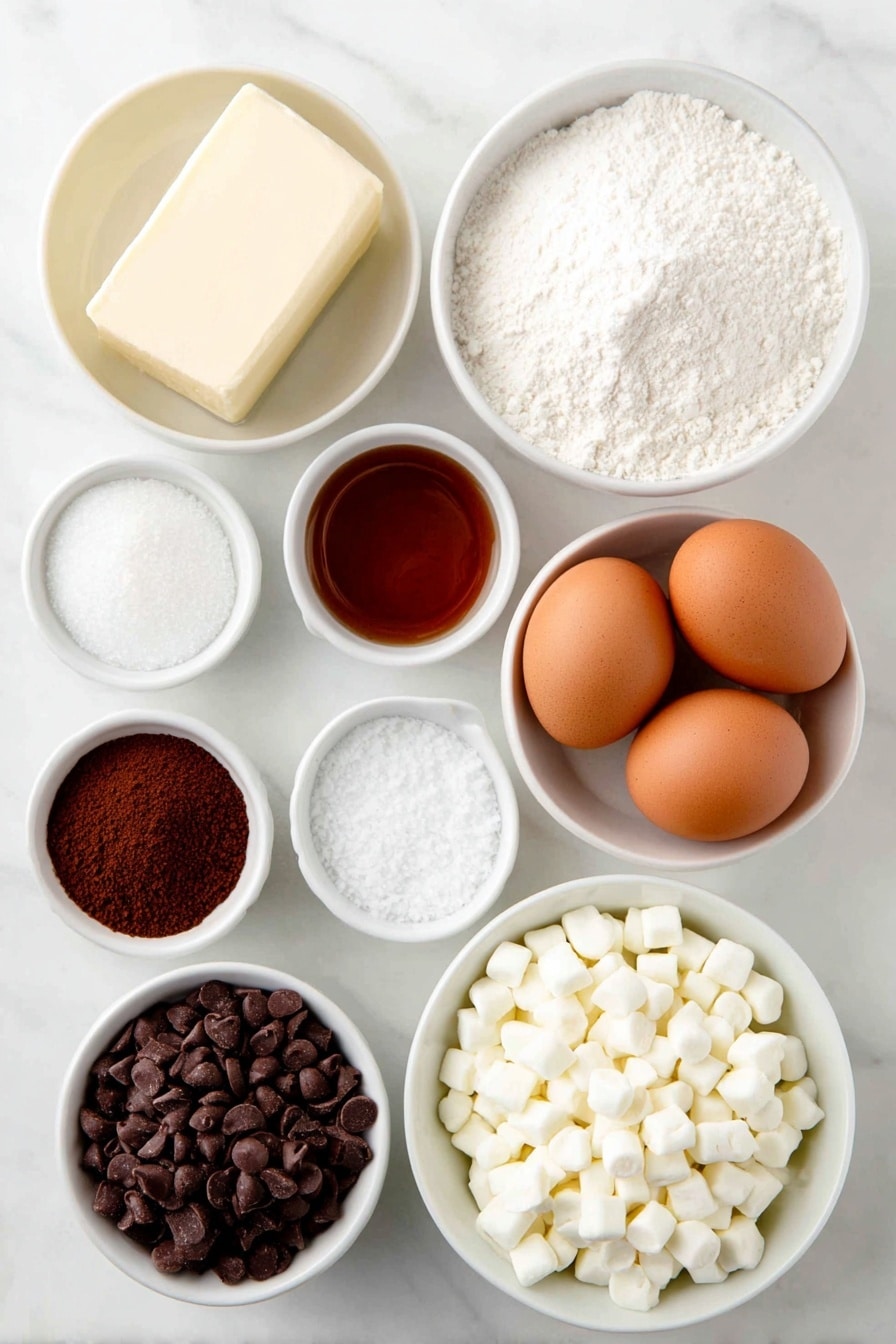 Flat lay of a small pile of softened butter, a small white ceramic bowl filled with white granulated sugar, another small white bowl with brown sugar, two whole large brown eggs with clean shells, a small white bowl of clear vanilla extract, a simple mound of all purpose flour, a neat stack of four individual sachets of hot cocoa mix removed and poured into a small white bowl (powder visible), a small white bowl with white salt crystals, a small white bowl with white baking soda powder, a small white bowl with white baking powder, a small heap of chocolate chips, and a small white bowl filled with white Mallow Bits (mini marshmallow pieces) arranged in perfect symmetry, placed on a clean white marble surface, soft natural light, photo taken with an iPhone, professional food photography style, fresh ingredients, white ceramic bowls, no bottles, no duplicates, no utensils, no packaging --ar 2:3 --v 7 --p m7354615311229779997 - Hot Chocolate Cookies, chocolate cookies with hot cocoa flavor, cozy chocolate cookie recipe, easy hot chocolate cookies, baked chocolate treats
