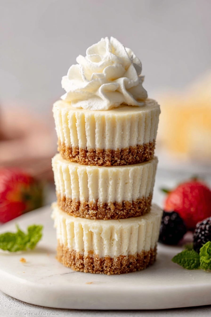 The image shows three small cheesecakes stacked on top of each other on a white marbled plate, with each mini cheesecake having two layers: a thick cream-colored smooth cheesecake layer on top and a brown crumbly crust layer at the bottom. The top cheesecake is decorated with a swirl of white whipped cream, adding a soft and creamy texture. Around the bottom edge of the plate and slightly blurred in the background, there are some red strawberries and dark berries, along with green mint leaves, all resting on the white marbled surface. photo taken with an iphone --ar 2:3 --v 7 - Cream Cheese Mini Cheesecakes, bite-sized cheesecake recipes, easy mini cheesecakes, no-bake mini cheesecakes, party dessert recipes