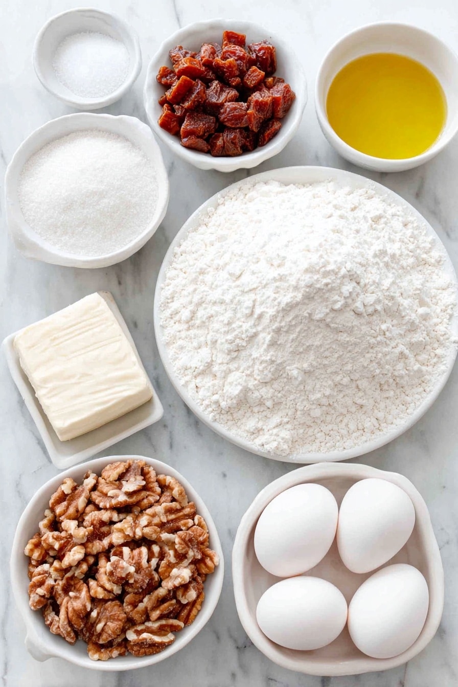 Flat lay of a small mound of all-purpose flour, two teaspoons of baking powder in a small white ceramic bowl, a small white bowl with salt, a small white bowl containing boiling water, a small white bowl filled with diced Medjool dates, a small white bowl with baking soda, a small white bowl with extra virgin olive oil, a small white bowl holding light brown sugar, three whole large eggs with clean shells, a small white bowl with pure vanilla extract, a small white ceramic bowl filled with chopped walnuts placed on a clean white marble surface, soft natural light, photo taken with an iPhone, professional food photography style, fresh ingredients, white ceramic bowls, no bottles, no duplicates, no utensils, no packaging --ar 2:3 --v 7 --p m7354615311229779997 - Date Nut Bread, moist date nut bread, healthy quick bread, homemade date bread, easy date nut bread recipe