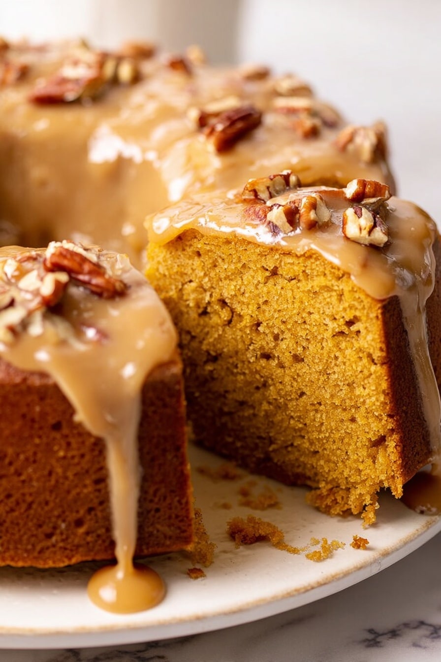 The image shows a close-up of a thick round cake with one large slice pulled out to reveal its moist, dense, golden-brown interior. The cake is covered with a smooth, light brown glaze that drips down the sides, adding a shiny texture. Small pieces of pecans are scattered on top of the glaze and around the base of the cake. The cake sits on a white plate over a white marbled surface. photo taken with an iphone --ar 2:3 --v 7 - Sweet Potato Pound Cake with Brown Butter Glaze, moist sweet potato cake recipe, cozy spice holiday dessert, easy fall dessert recipes, decadent pound cake with glaze