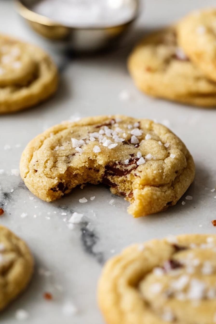 A close-up image of a single light golden brown cookie with a soft, slightly crumbly texture and small chocolate bits inside, with a bite taken out showing the inside, placed on a white marbled surface; around it are more whole cookies of the same type, and a small silver bowl with coarse salt in the background, slightly out of focus, with some flakes of salt sprinkled on the cookie and the surface; the overall look is warm, inviting, and cozy, photo taken with an iphone --ar 2:3 --v 7 - Brown Butter Toffee Cookies, Toffee Cookies Recipe, Caramel Cookies, Chewy Toffee Cookies, Easy Brown Butter Cookies