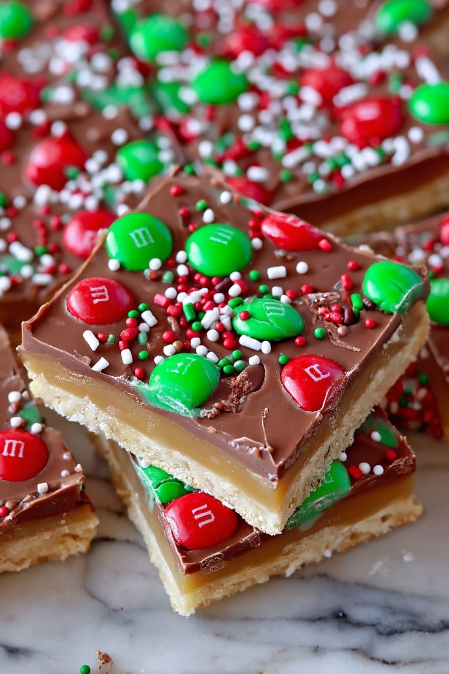 The image shows square candy bars with three clear layers: a pale cookie or cracker base at the bottom, a thick caramel layer in the middle, and a smooth milk chocolate layer on top. The chocolate surface is decorated with red and green M&M candies, some of which are whole and some are broken, along with small flat round sprinkles in red, green, and white scattered all over. The bars are stacked slightly unevenly on a white marbled surface, with the top bar in clear focus showing the layers and candy details up close. photo taken with an iphone --ar 2:3 --v 7 - Saltine Toffee, saltine cracker toffee, toffee dessert, holiday treat recipes, easy toffee recipe