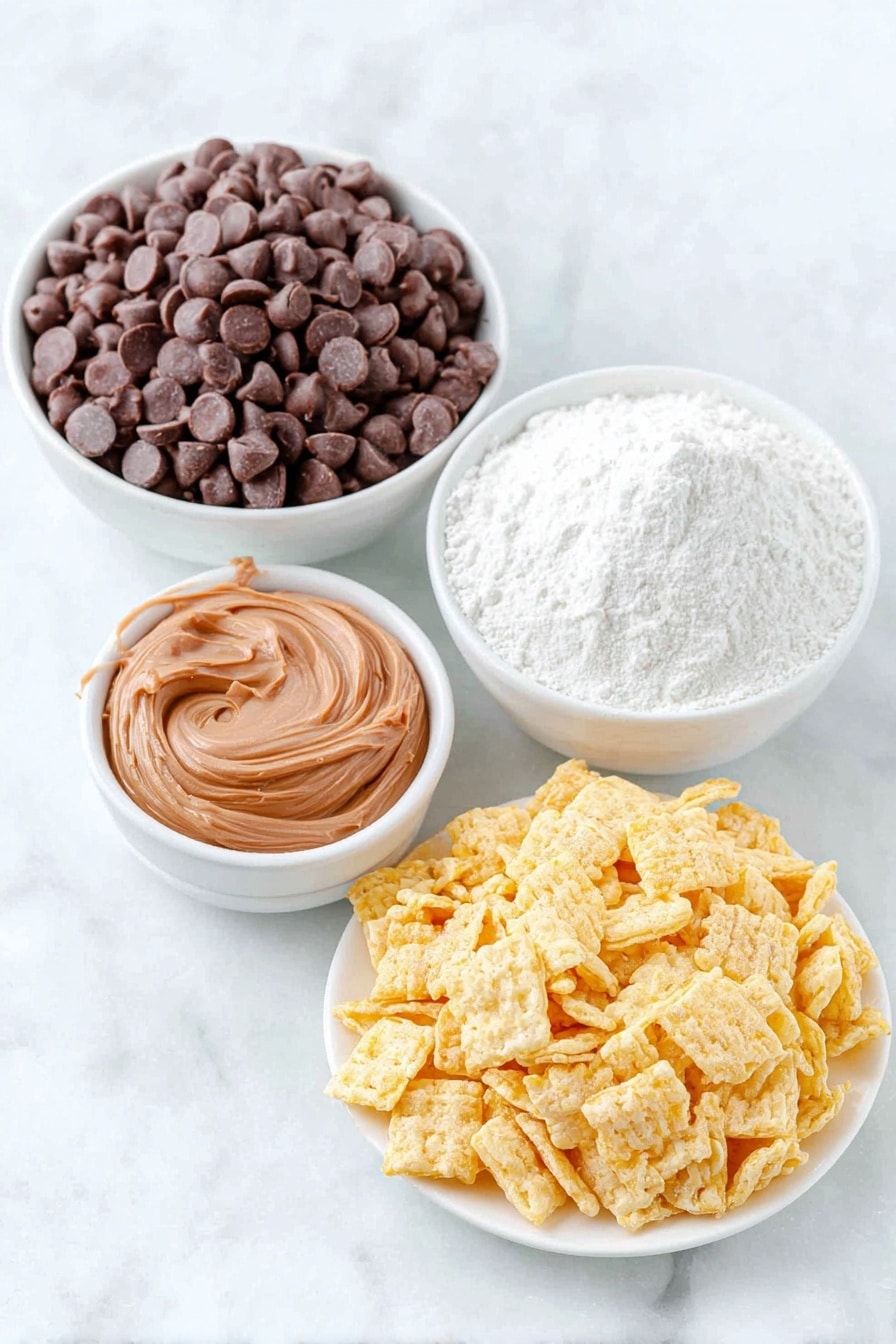 Flat lay of a small mound of glossy semisweet chocolate chips, a dollop of creamy peanut butter on a white ceramic plate, a heap of golden Rice Chex cereal spread neatly on a simple white ceramic dish, and a small white bowl filled with fine, snowy powdered sugar, placed on a clean white marble surface, soft natural light, photo taken with an iPhone, professional food photography style, fresh ingredients, white ceramic bowls, no bottles, no duplicates, no utensils, no packaging --ar 2:3 --v 7 --p m7354615311229779997 - Easy Chocolate Peanut Butter Puppy Chow, Puppy Chow recipe, no-bake snack, chocolate peanut butter treat, quick party snack