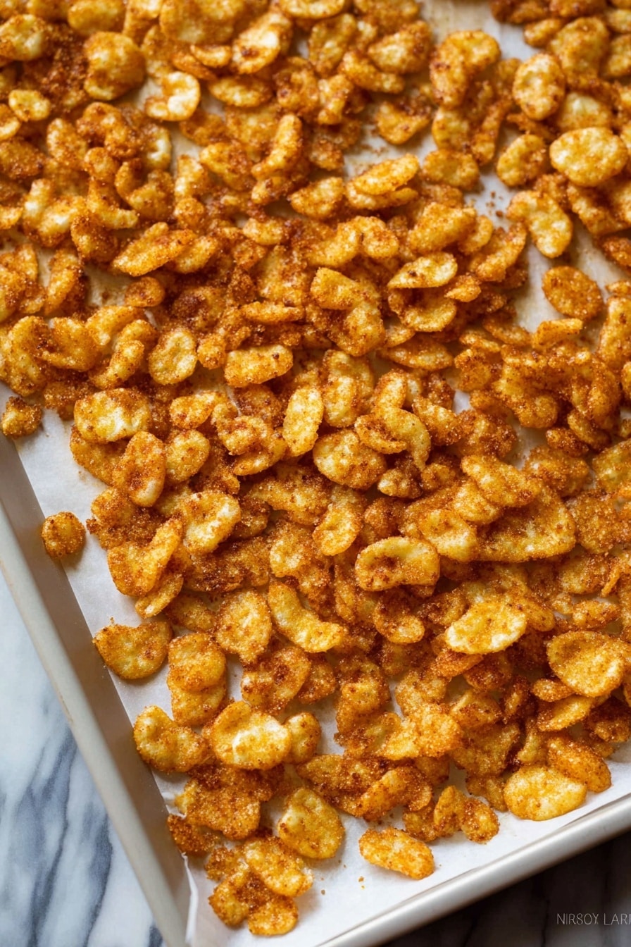 The image shows a white baking tray filled with small, irregular shaped, golden brown crisps spread unevenly across a white parchment paper lining. The crisps have a crunchy texture with some darker edges, giving a toasted look, and they cover most of the surface with some gaps near the edges of the tray. The background surface is a white marbled texture, providing a clean contrast to the warm tones of the crisps. photo taken with an iphone --ar 2:3 --v 7 - Caramel Puff Corn, caramel popcorn recipe, crunchy caramel snack, easy caramel puff corn, sweet snack ideas