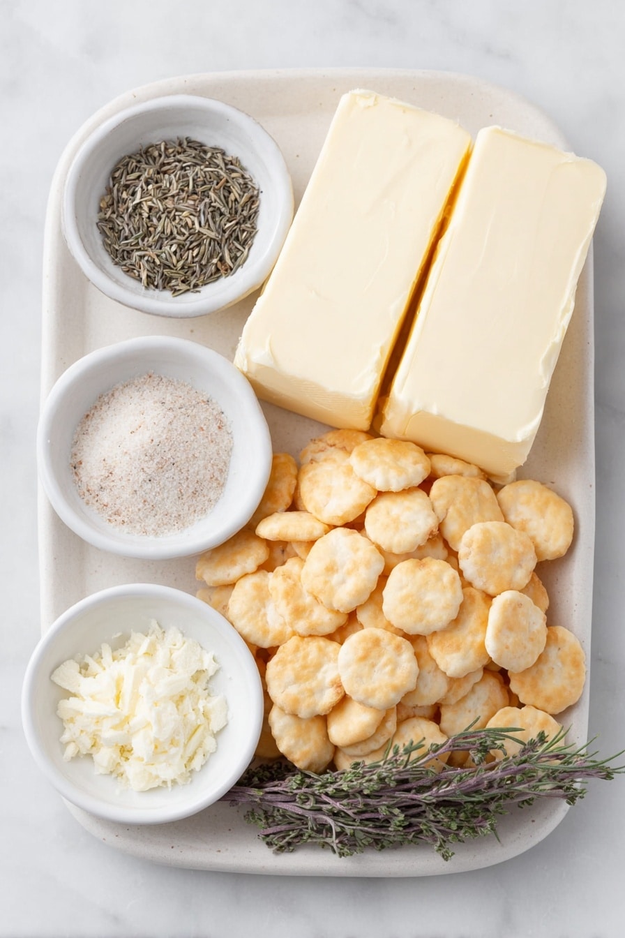 Flat lay of two whole sticks of unsalted butter on a simple white ceramic plate, a small white bowl filled with fine ranch seasoning powder, a small white bowl containing lemon pepper spice blend, a small white bowl holding dried dill weed, a small white bowl with garlic powder, and a generous pile of fresh, lightly golden oyster crackers arranged neatly on a simple white ceramic dish, all placed on a clean white marble surface, soft natural light, photo taken with an iPhone, professional food photography style, fresh ingredients, white ceramic bowls, no bottles, no duplicates, no utensils, no packaging --ar 2:3 --v 7 --p m7354615311229779997 - Ranch Oyster Crackers Snack, Ranch Oyster Crackers, Easy Snack Recipes, No-Bake Crunchy Snacks, Party Snack Ideas