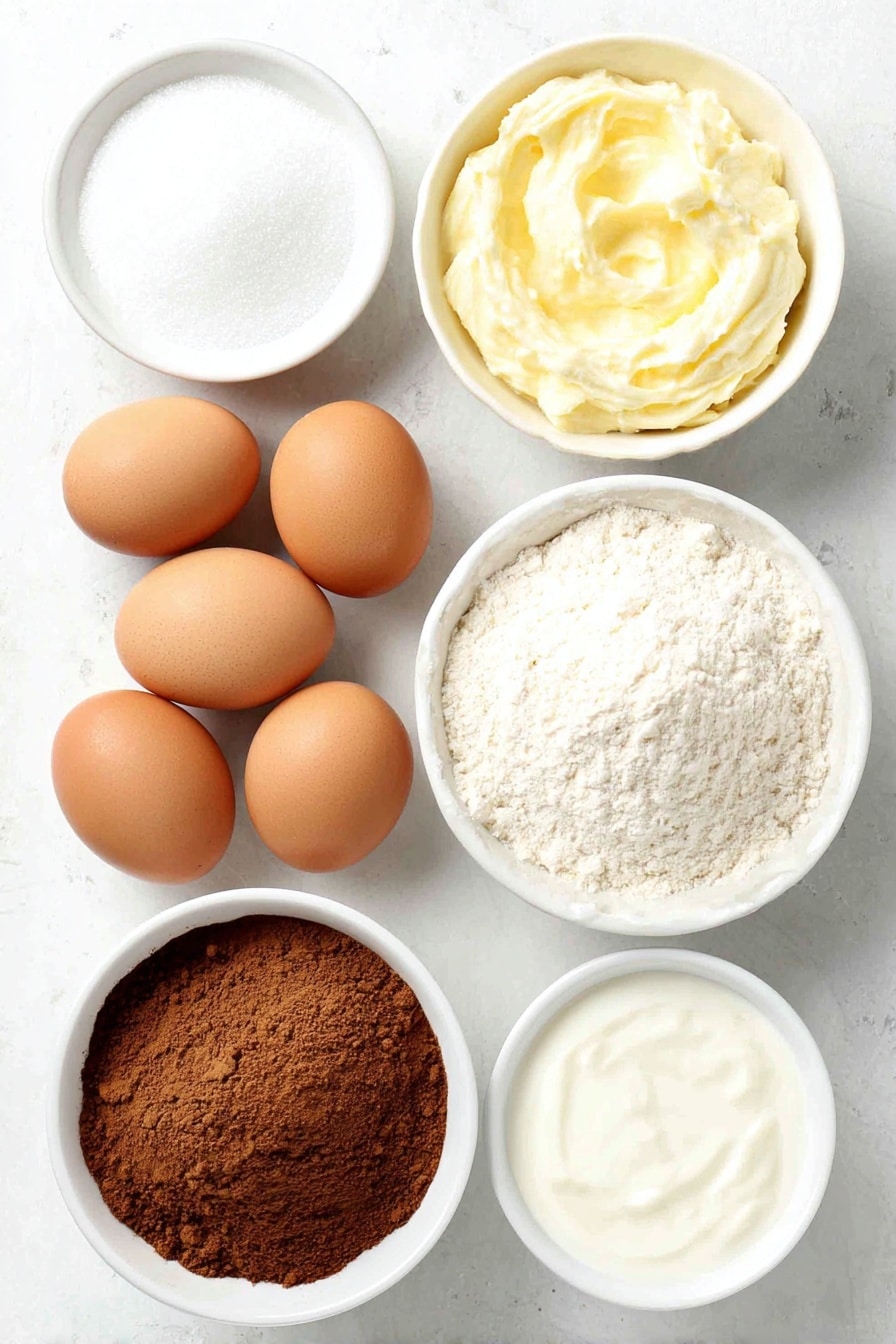 Flat lay of six whole uncracked brown eggs, a small white bowl of granulated sugar, a small white bowl of heavy whipping cream, a small white bowl of milk, a small white bowl containing ground nutmeg, a small white bowl with a pinch of salt, a small white bowl of vanilla extract, and a small white bowl of ground cinnamon placed symmetrically on a clean white ceramic surface, placed on a clean white marble surface, soft natural light, photo taken with an iPhone, professional food photography style, fresh ingredients, white ceramic bowls, no bottles, no duplicates, no utensils, no packaging --ar 2:3 --v 7 --p m7354615311229779997 - Homemade Creamy Eggnog, homemade eggnog, festive eggnog, creamy holiday drinks, easy eggnog recipe