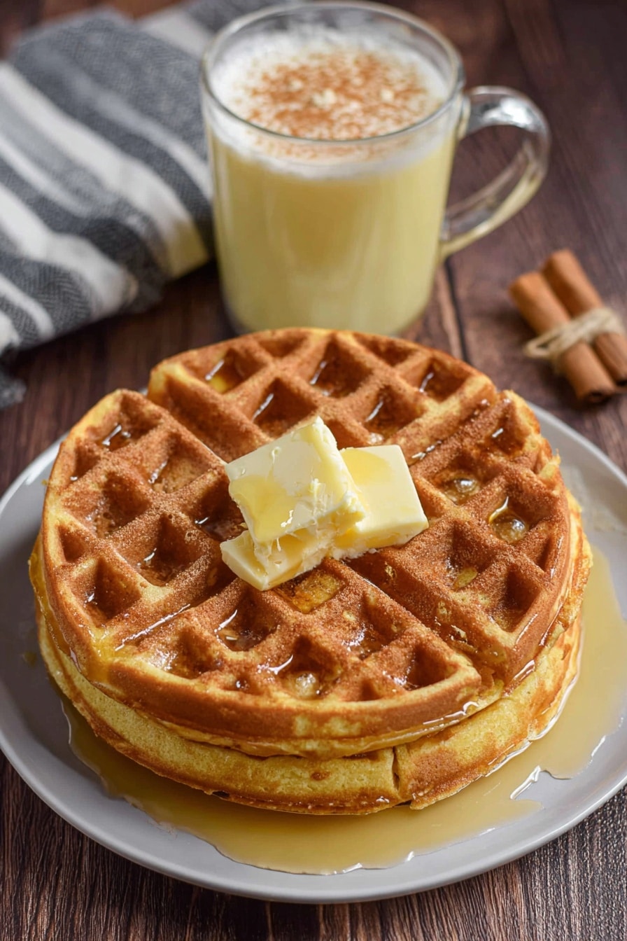 A stack of two golden brown round waffles sits on a white plate placed on a wooden surface. Each waffle has a grid texture with square pockets, and the top waffle is topped with two square slices of light yellow butter, slightly melted, with golden syrup drizzled over the waffles and pooling in the pockets. Beside the plate, there is a glass mug with a pale yellow creamy drink sprinkled with cinnamon on top, and part of a striped cloth napkin is visible in the background. Photo taken with an iphone --ar 2:3 --v 7 - Eggnog Waffles with Nutmeg, Holiday Eggnog Waffles, Festive Breakfast Recipes, Christmas Waffles, Winter Brunch Ideas