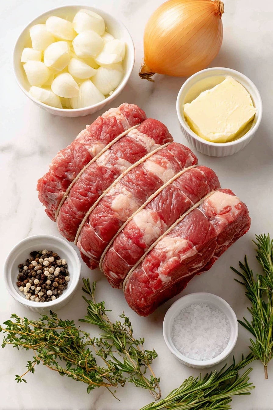 Flat lay of a large bone-in prime rib roast tied with kitchen twine, a small white ceramic bowl of softened butter, a few peeled garlic cloves, a small white bowl of coarse kosher salt crystals, fresh thyme sprigs with tiny green leaves, fresh rosemary sprigs, whole black peppercorns scattered neatly, a medium yellow onion quartered, all ingredients arranged symmetrically on a clean white marble surface, soft natural light, photo taken with an iPhone, professional food photography style, fresh ingredients, white ceramic bowls, no bottles, no duplicates, no utensils, no packaging --ar 2:3 --v 7 --p m7354615311229779997 - Garlic Herb Prime Rib, prime rib roast, garlic herb roast, holiday prime rib, juicy prime rib