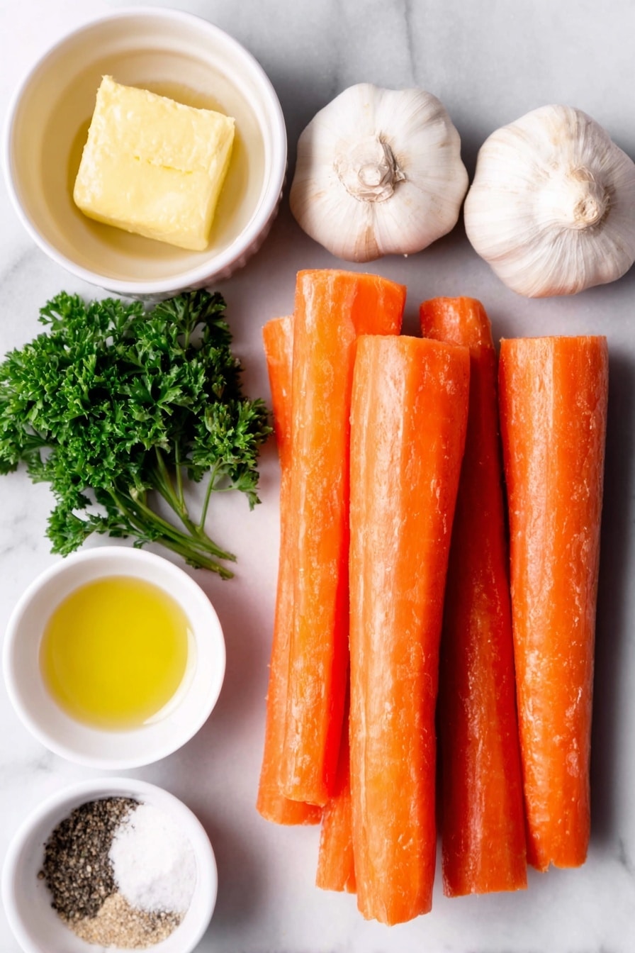 Flat lay of fresh peeled orange carrots cut into diagonal segments, a small white bowl of loosely packed golden brown sugar, two whole uncracked garlic bulbs, a small white bowl of melted golden butter, a small white bowl of clear olive oil, a small white bowl of fine white salt, a small white bowl of cracked black pepper, and a few sprigs of fresh green parsley all arranged with perfect symmetry, each ingredient natural and fresh, placed on a clean white marble surface, soft natural light, photo taken with an iPhone, professional food photography style, fresh ingredients, white ceramic bowls, no bottles, no duplicates, no utensils, no packaging --ar 2:3 --v 7 --p m7354615311229779997 - Brown Sugar Roasted Carrots, roasted carrot side dish, caramelized carrots recipe, sweet savory roasted carrots, easy veggie side dishes