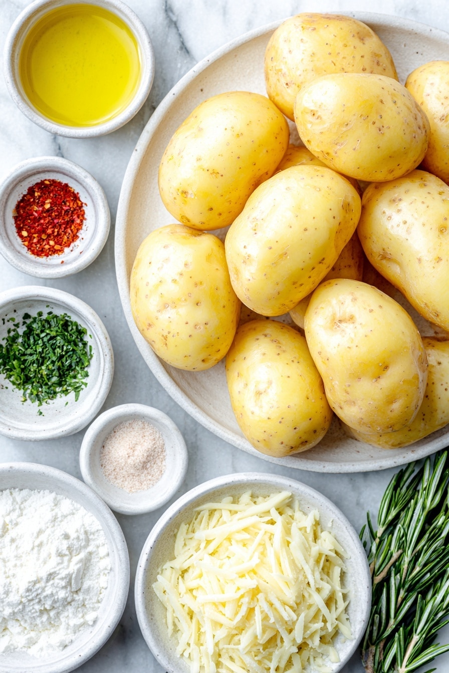 Flat lay of a cluster of fresh new potatoes with smooth skin, a small white ceramic bowl filled with golden olive oil, a neat heap of white cornstarch powder on the surface, a small white bowl containing freshly ground black pepper, another small white bowl with coarse kosher salt crystals, a pinch of vibrant red paprika powder arranged in a small white bowl, a small white bowl holding light beige garlic powder, a small white bowl with pale onion powder, a few sprigs of bright green minced fresh rosemary arranged neatly, a small white bowl piled with finely grated pale yellow Parmesan cheese, and a small scattering of freshly chopped vibrant green parsley leaves on a simple white ceramic plate — all ingredients fresh and natural, perfectly spaced with balanced symmetry — placed on a clean white marble surface, soft natural light, photo taken with an iPhone, professional food photography style, fresh ingredients, white ceramic bowls, no bottles, no duplicates, no utensils, no packaging --ar 2:3 --v 7 --p m7354615311229779997 - Garlic Rosemary Roasted Potatoes, crispy roasted potatoes, flavorful potato side dish, easy roasted potatoes, herb roasted potato recipe