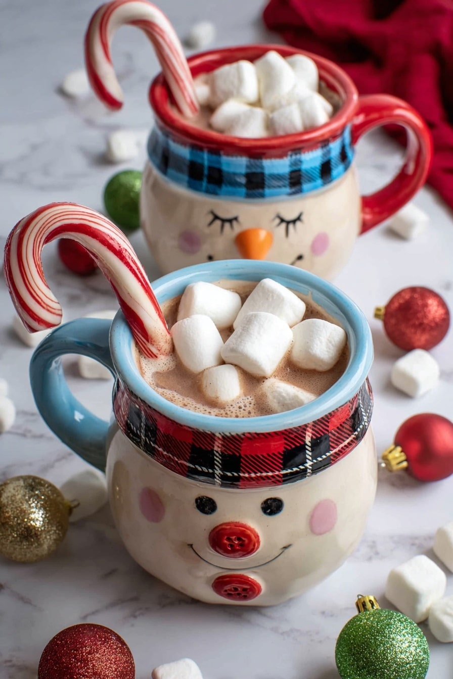 Two festive snowman mugs filled with light brown hot chocolate sitting on a white marbled surface. Each mug has a distinct design: the one in the front has a blue rim and handle, closed eyes with long lashes, an orange carrot nose, and a red and black plaid scarf painted on the body. It is topped with several white marshmallows and one large marshmallow leaning on the rim with a red and white striped candy cane hooked inside the mug. The mug in the back has a red rim and handle, open eyes, an orange carrot nose, a blue and black checkered scarf, and red buttons painted on the body. It is filled with marshmallows and also has a red and white candy cane inside. Around the mugs, there are scattered white marshmallows, some shiny red, green, and gold Christmas ornaments, and a red cloth in the background. Photo taken with an iphone --ar 2:3 --v 7 - Creamy Hot Chocolate with Marshmallows, hot chocolate recipes, comforting hot chocolate, homemade hot chocolate, chocolate drink with marshmallows