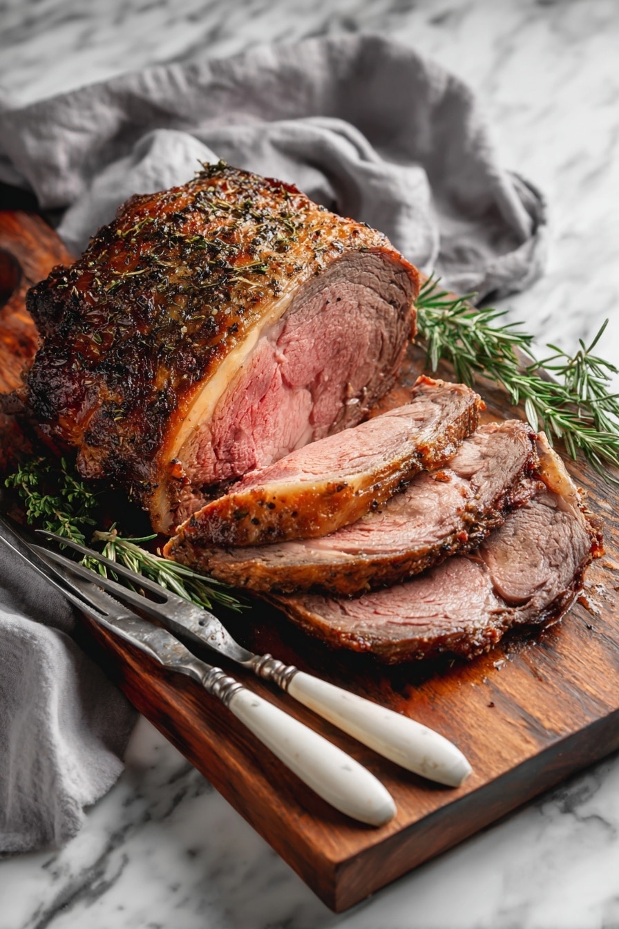 A large roasted meat piece placed on a wooden board with visible seasoning and herbs on its brown, crispy outer layer. The meat is sliced into three thick pieces showing a pink inside, indicating it is cooked medium. There is a sprig of fresh green rosemary on the right side. Two vintage carving utensils with white handles lie next to the meat on the board. The background is a white marbled surface with a gray cloth draped loosely behind the wooden board. Photo taken with an iphone --ar 2:3 --v 7 - Garlic Herb Butter Prime Rib, prime rib roast with garlic and herbs, how to cook perfect prime rib, easy prime rib recipes, juicy prime rib tips