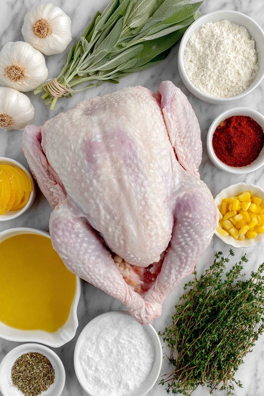 Flat lay of a whole raw turkey with pale pink skin, two heads of garlic halved horizontally revealing cloves, one halved onion with skin on, a small bunch of fresh sage, rosemary, thyme, and parsley sprigs tied loosely, a small white bowl filled with coarse kosher salt, a small white bowl with sweet paprika powder, a small white bowl with garlic powder, a small white bowl of freshly ground black pepper, a small white bowl containing melted unsalted butter with a glossy surface, three whole uncracked garlic cloves, a small white bowl of dry white wine, a small white bowl of low sodium chicken broth, a small white bowl of plain all-purpose flour, and a few sprigs of finely chopped sage, rosemary, and thyme, all arranged symmetrically on a clean white marble surface, soft natural light, photo taken with an iPhone, professional food photography style, fresh ingredients, white ceramic bowls, no bottles, no duplicates, no utensils, no packaging --ar 2:3 --v 7 --p m7354615311229779997 - Juicy Roast Turkey with Crispy Skin, roast turkey recipe, crispy skin turkey, moist turkey cooking, easy turkey roast