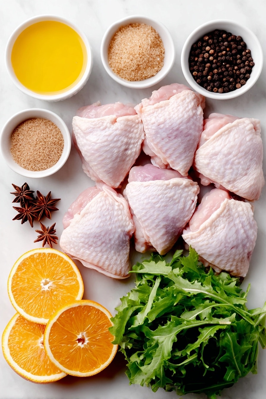 Flat lay of raw bone-in chicken thighs and drumsticks with skin on, a small white bowl of bright orange juice, fresh whole oranges halved and sliced, a small white bowl of golden brown sugar, a small white bowl of smooth Dijon mustard, a small white bowl of glossy olive oil, two whole star anise pods, a small white bowl of ground cinnamon, a small white bowl of ground allspice, a small white bowl of ground ginger, a small white bowl of salt, a small white bowl of black pepper, fresh bright orange zest curls, and a small pile of fresh green leafy salad greens like endive and watercress, all arranged symmetrically on a clean white marble surface, soft natural light, photo taken with an iPhone, professional food photography style, fresh ingredients, white ceramic bowls, no bottles, no duplicates, no utensils, no packaging --ar 2:3 --v 7 --p m7354615311229779997 - Sticky Orange Christmas Chicken, Christmas Chicken recipes, festive holiday chicken, citrus glazed chicken, holiday main dish