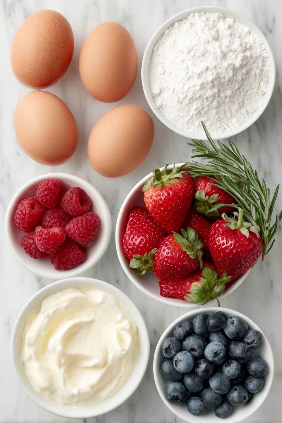 Flat lay of five whole large eggs with clean shells, a small white ceramic bowl filled with superfine white sugar, a small white ceramic bowl holding fine white cornflour, a small white ceramic bowl containing clear white vinegar, a handful of fresh whole raspberries, medium strawberries sliced into rounds and diced, a small white ceramic bowl of thickened cream, a small white ceramic bowl with vanilla extract, small sprigs of fresh green rosemary arranged neatly, a small white ceramic bowl of powdered icing sugar, and a cluster of assorted fresh blueberries and other vibrant fruits, all placed on a clean white marble surface, soft natural light, photo taken with an iPhone, professional food photography style, fresh ingredients, white ceramic bowls, no bottles, no duplicates, no utensils, no packaging --ar 2:3 --v 7 --p m7354615311229779997 - Festive Raspberry Pavlova Tree, raspberry pavlova centerpiece, holiday pavlova dessert, Christmas pavlova ideas, easy festive pavlova