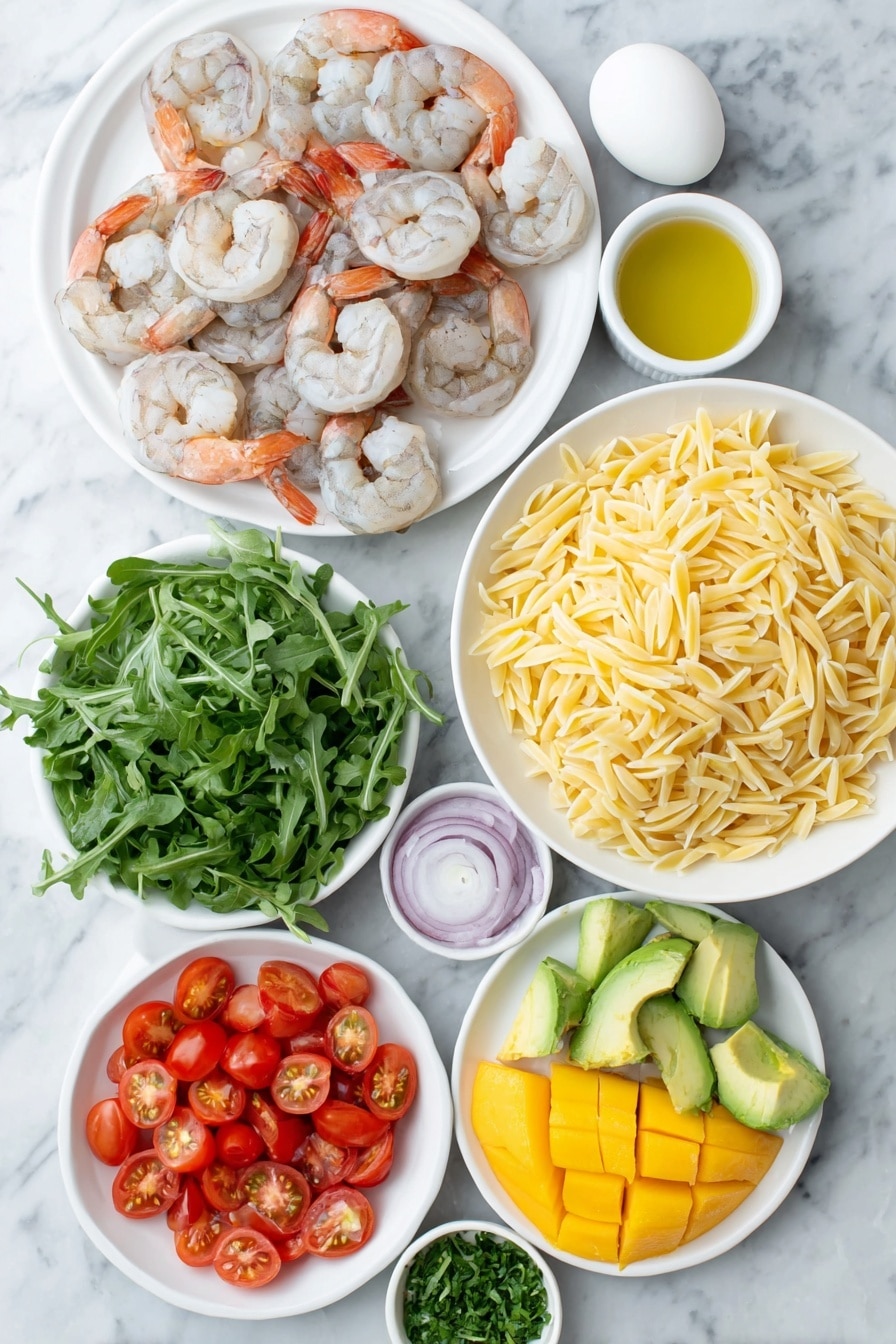 Flat lay of cooked risoni pasta in a simple white ceramic bowl, a small white bowl with extra virgin olive oil, a small white bowl with fresh lime juice, cooked peeled prawns arranged neatly on a white plate, a large ripe mango cut into uniform cubes on a white plate, a large ripe avocado cut into cubes on a white plate, a handful of fresh rocket/arugula leaves loosely piled on a white plate, halved cherry tomatoes spread out on a white plate, thinly sliced half a red onion on a white plate, finely chopped coriander leaves in a small white bowl, one whole uncracked egg placed near the ingredients for color contrast, all placed on a clean white marble surface, soft natural light, photo taken with an iPhone, professional food photography style, fresh ingredients, white ceramic bowls, no bottles, no duplicates, no utensils, no packaging --ar 2:3 --v 7 --p m7354615311229779997 - Prawn Mango Avocado Summer Salad, Mango and avocado salad with prawns, Summer seafood salad recipes, Healthy mango avocado salad, Quick summer shrimp salad
