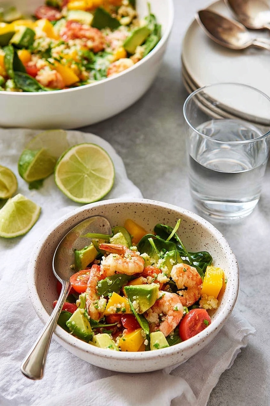 A white speckled bowl filled with a colorful salad made of small shrimp, bright yellow mango chunks, green avocado pieces, leafy spinach, and tiny white grains, all mixed together with cherry tomato halves visible. A silver spoon rests inside the bowl on the left side. Behind it, a larger white bowl holds more of the same salad, with a white marbled surface beneath. To the left, half and quarter slices of lime sit on a white cloth. On the right, a clear glass of water and two stacked white plates with two silver spoons on top can be seen. Photo taken with an iphone --ar 2:3 --v 7 - Prawn Mango Avocado Summer Salad, Mango and avocado salad with prawns, Summer seafood salad recipes, Healthy mango avocado salad, Quick summer shrimp salad