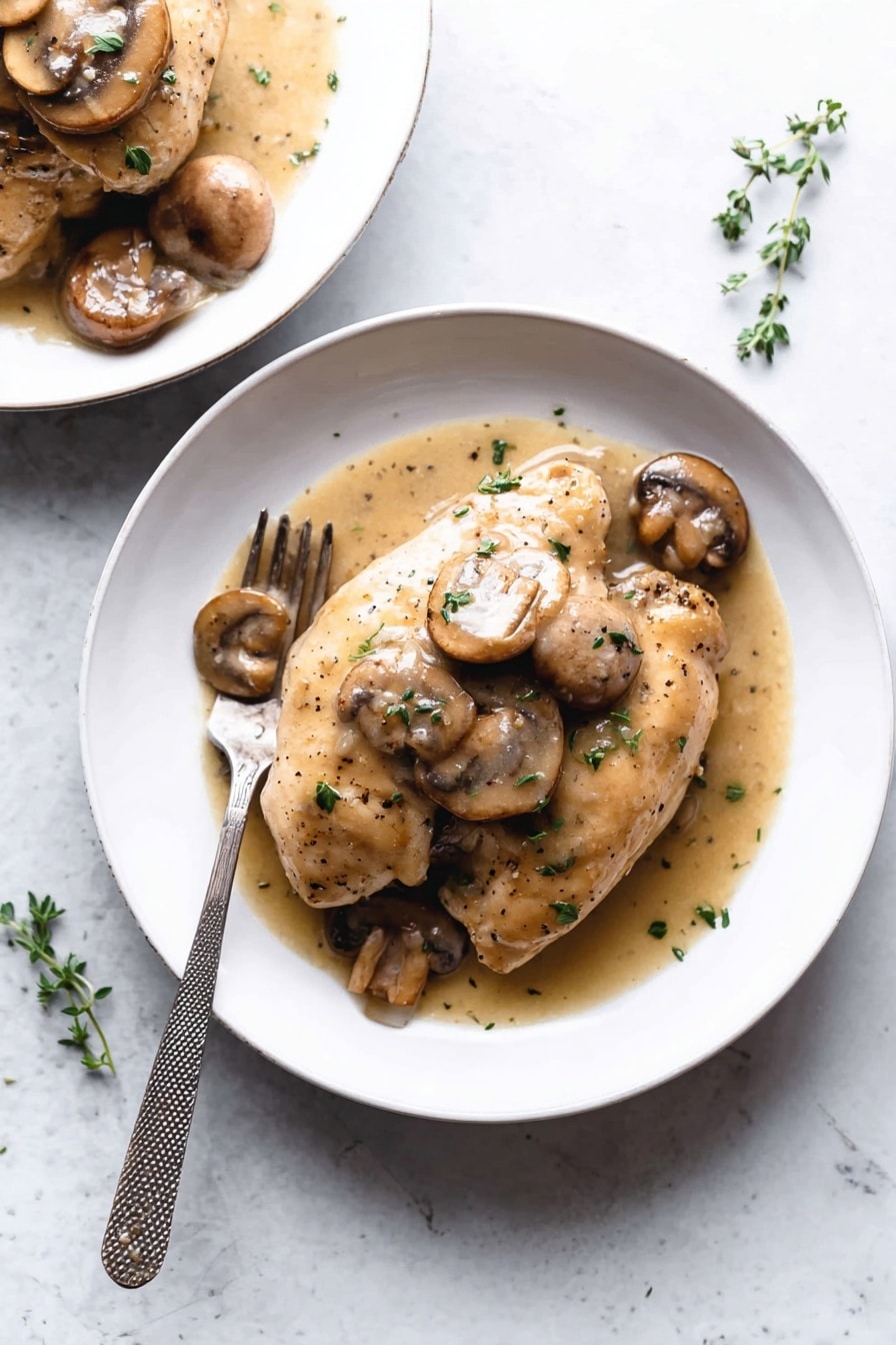 A white plate on a white marbled surface holds two pieces of cooked chicken with a light brown mushroom sauce drizzled over them. One larger piece of chicken sits on the top left of the plate with sliced mushrooms and small green parsley bits on top and around. Below it, several slices of chicken lay slightly overlapping, also covered with sauce and mushrooms. A silver fork with a textured handle rests on the right side of the plate, partially submerged in the sauce. Small flecks of black pepper and parsley are scattered over the dish and around the plate, adding a fresh touch. photo taken with an iphone --ar 2:3 --v 7 - Instant Pot Chicken Marsala, Chicken Marsala recipe, quick chicken dinner, easy Instant Pot recipes, flavorful chicken pasta dish