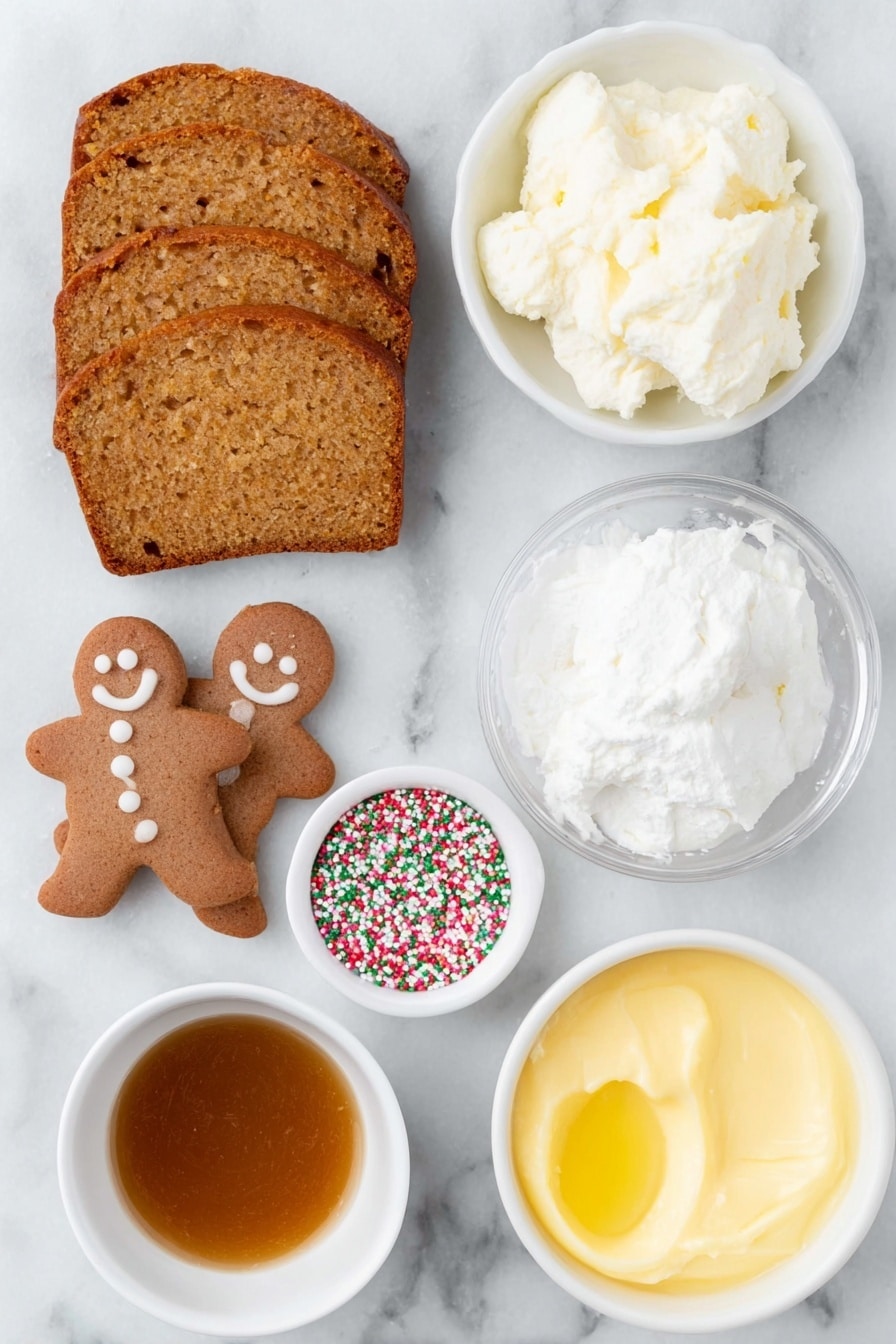 Flat lay of sliced ginger cake in thin even slices, whole gingerbread men cookies with detailed icing decoration, a small white ceramic bowl of smooth vanilla custard, a small white ceramic bowl filled with fluffy double cream dusted lightly with powdered icing sugar and ground ginger, a small white ceramic bowl of glossy golden caramel sauce, and a small white ceramic bowl with colorful festive sprinkles, all arranged symmetrically on a clean white marble surface, soft natural light, photo taken with an iPhone, professional food photography style, fresh ingredients, white ceramic bowls, no bottles, no duplicates, no utensils, no packaging --ar 2:3 --v 7 --p m7354615311229779997 - Gingerbread Trifle Dessert, gingerbread layered dessert, holiday trifle recipes, no-bake festive desserts, gingerbread holiday treat