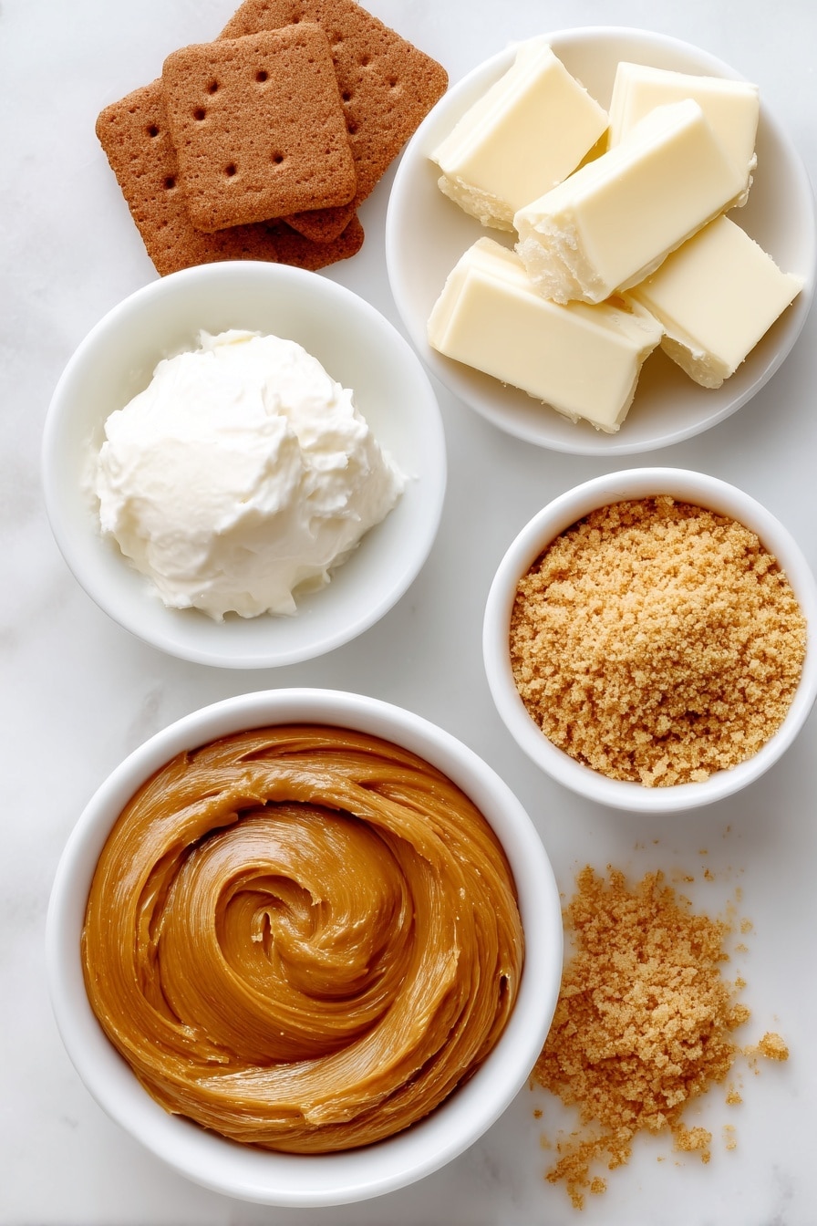 Flat lay of a small pile of whole Biscoff biscuits, a dollop of soft cream cheese on a white ceramic plate, chunks of broken white chocolate arranged neatly on a simple white dish, a smooth swirl of golden Biscoff spread in a small white ceramic bowl, and a small white bowl containing fine golden biscuit crumbs, all placed on a clean white marble surface, soft natural light, photo taken with an iPhone, professional food photography style, fresh ingredients, white ceramic bowls, no bottles, no duplicates, no utensils, no packaging --ar 2:3 --v 7 --p m7354615311229779997 - Biscoff Truffles with White Chocolate Coating, Biscoff Truffles, White Chocolate Cookie Truffles, No-Bake Biscoff Candy, Easy Biscoff Dessert